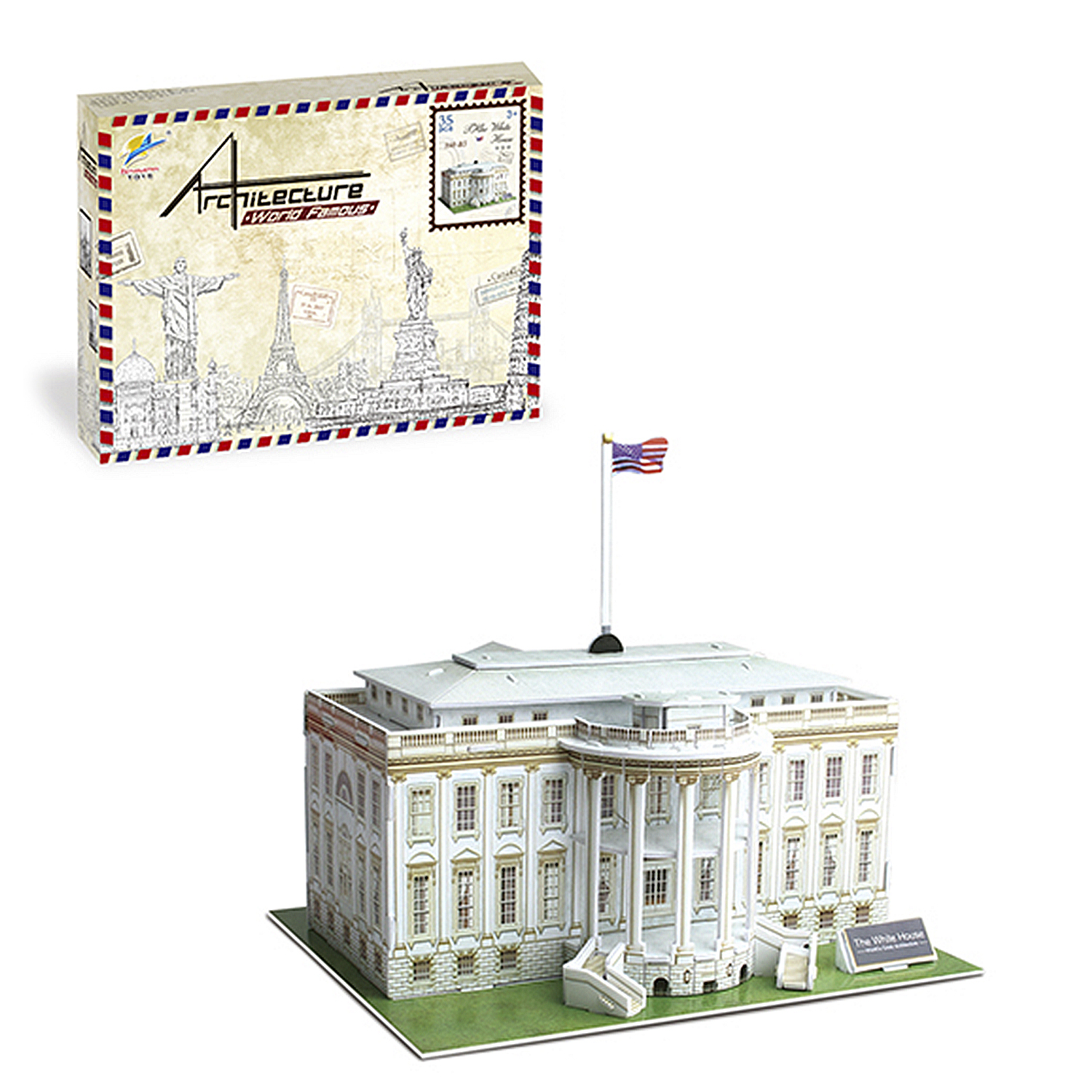 Un puzzle 3D della Casa Bianca con una scatola di monumenti famosi.
