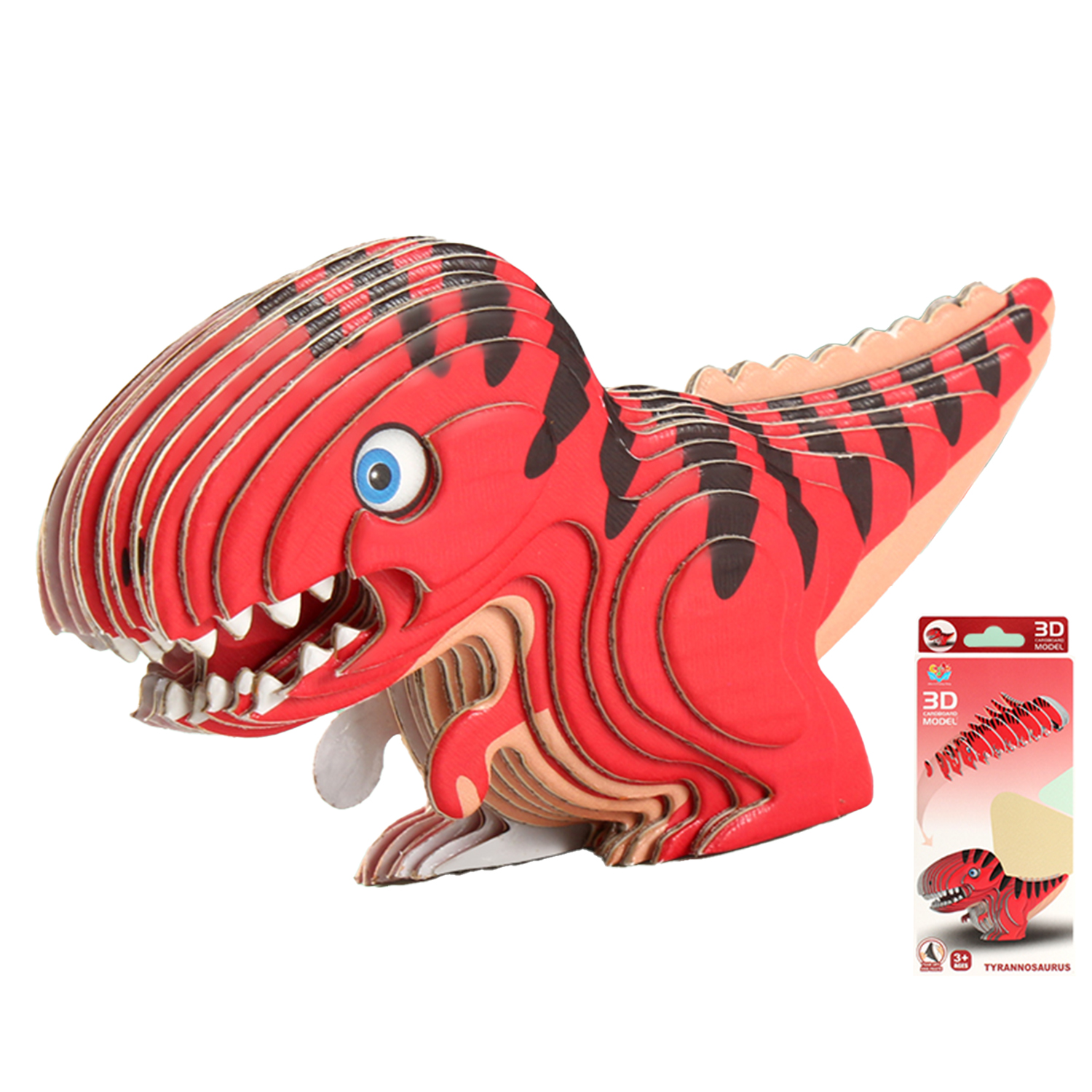 Un modello di dinosauro 3D in cartone rosso con strisce nere.