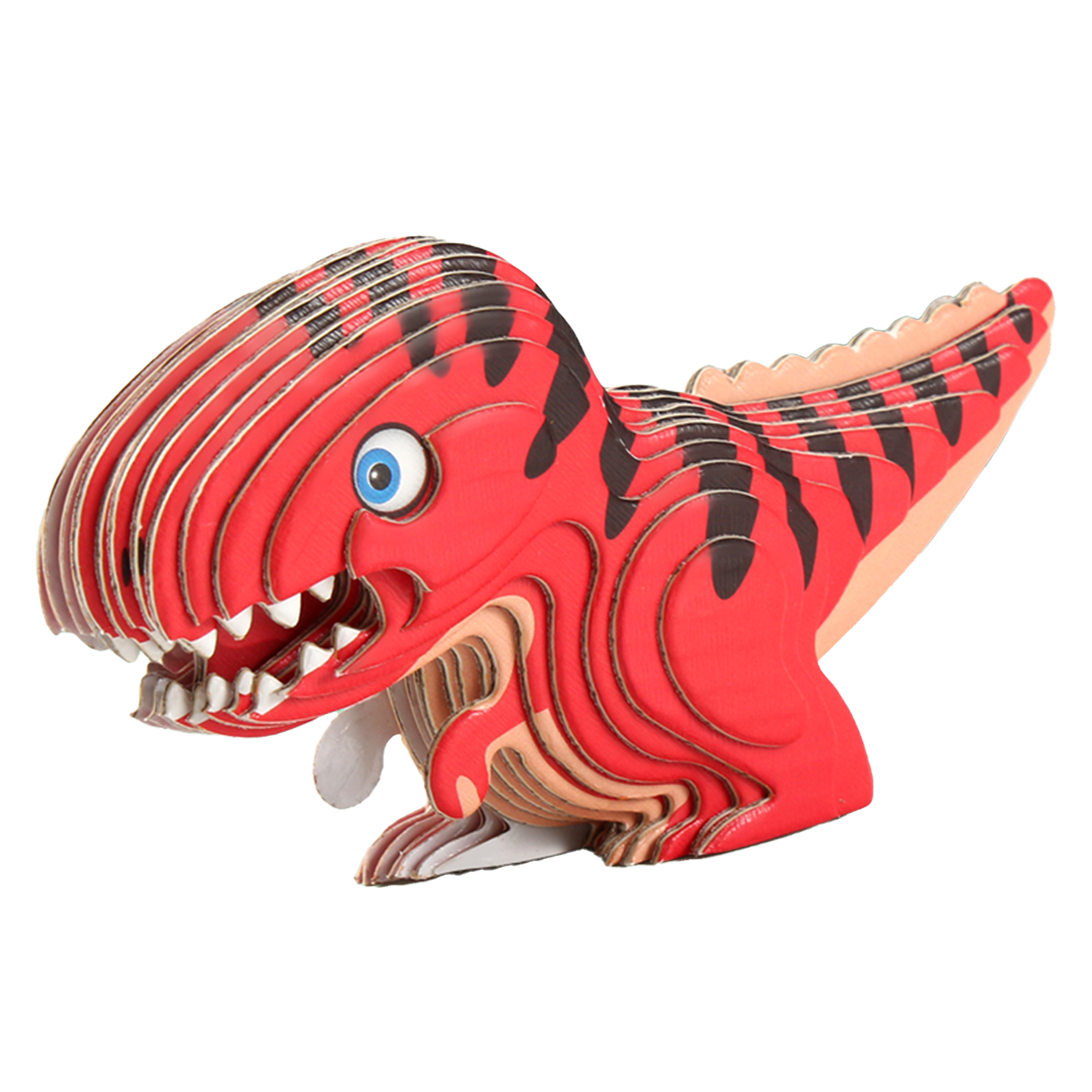 Un modello di dinosauro di cartone rosso con strisce nere e un occhio blu.