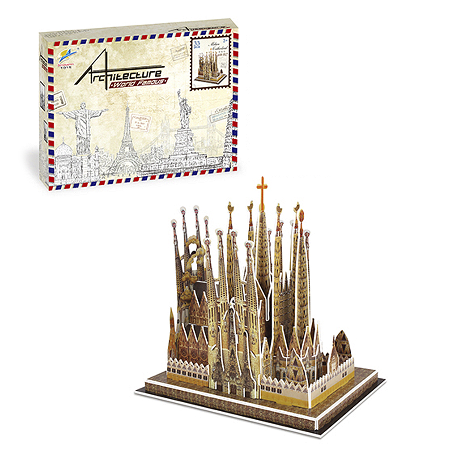 Modello 3D della Sagrada Familia e la sua scatola con monumenti famosi.