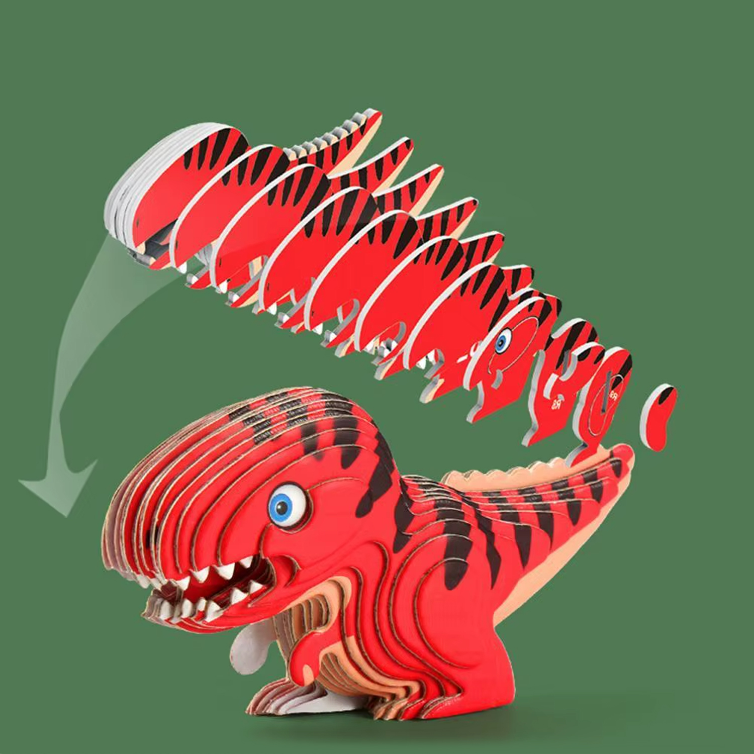 Un puzzle di dinosauro in cartone rosso con strisce nere su sfondo verde.