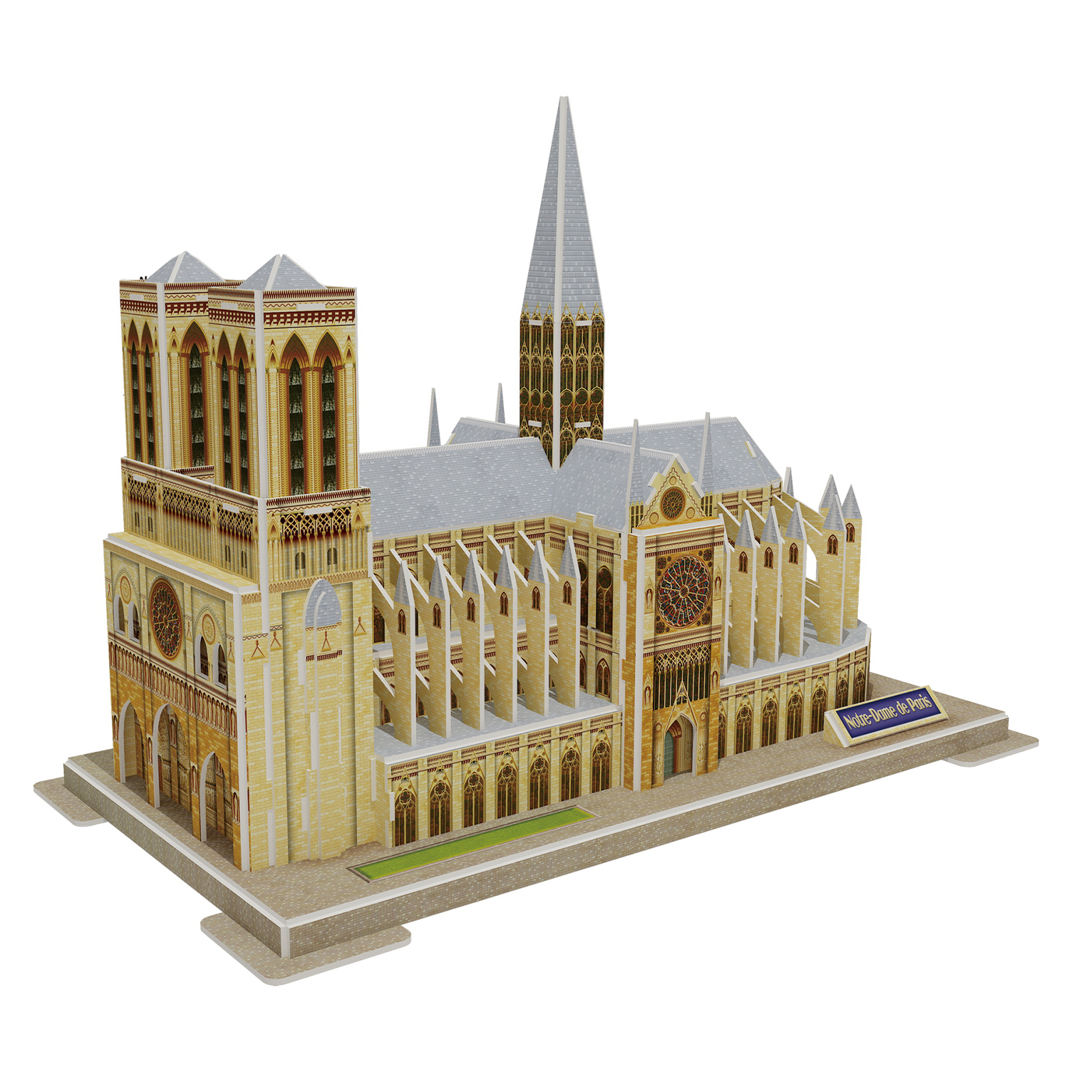 Un modelo de rompecabezas 3D de la catedral de Notre-Dame de París sobre fondo blanco.
