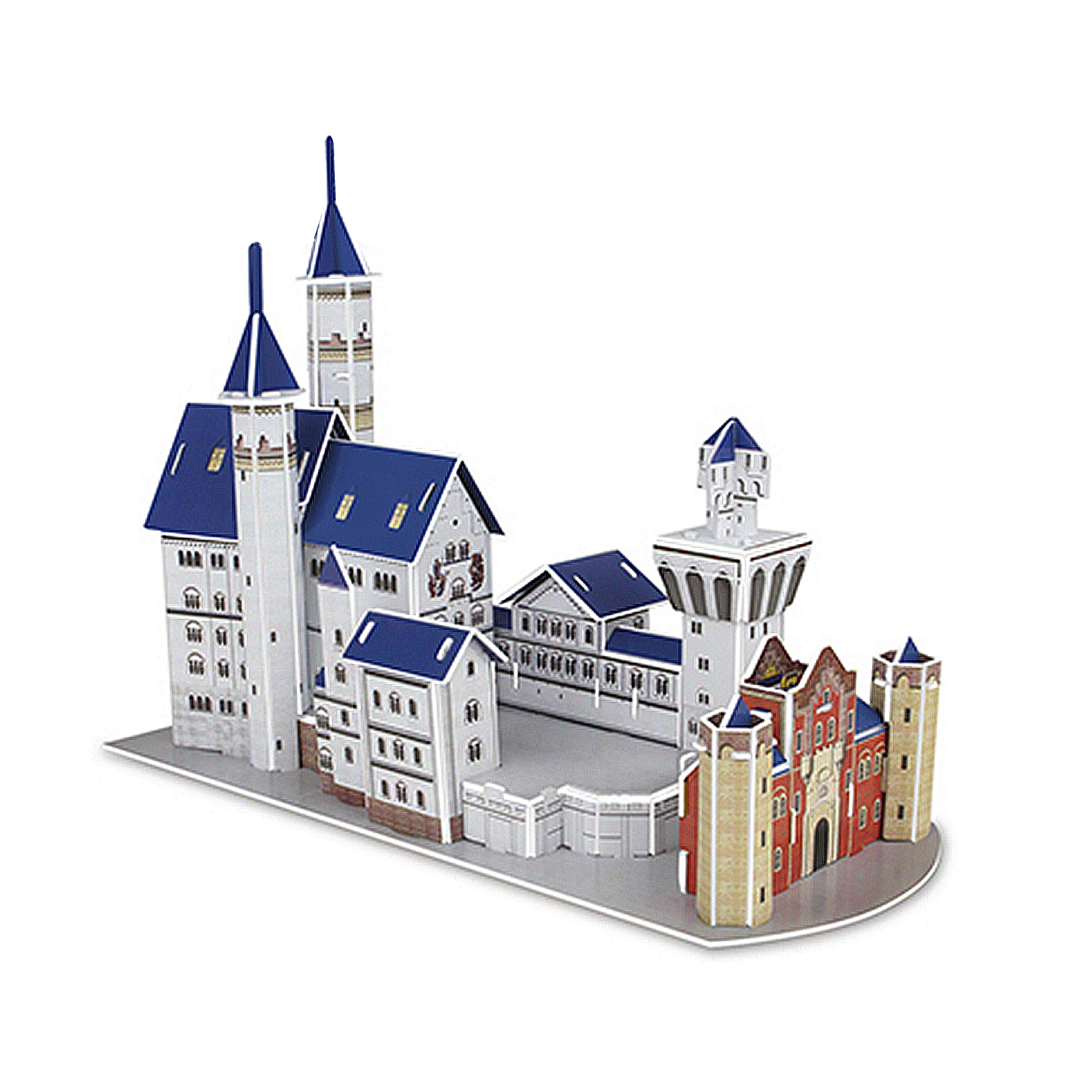 Modello puzzle 3D di un castello bianco e blu con accenti rossi e gialli.