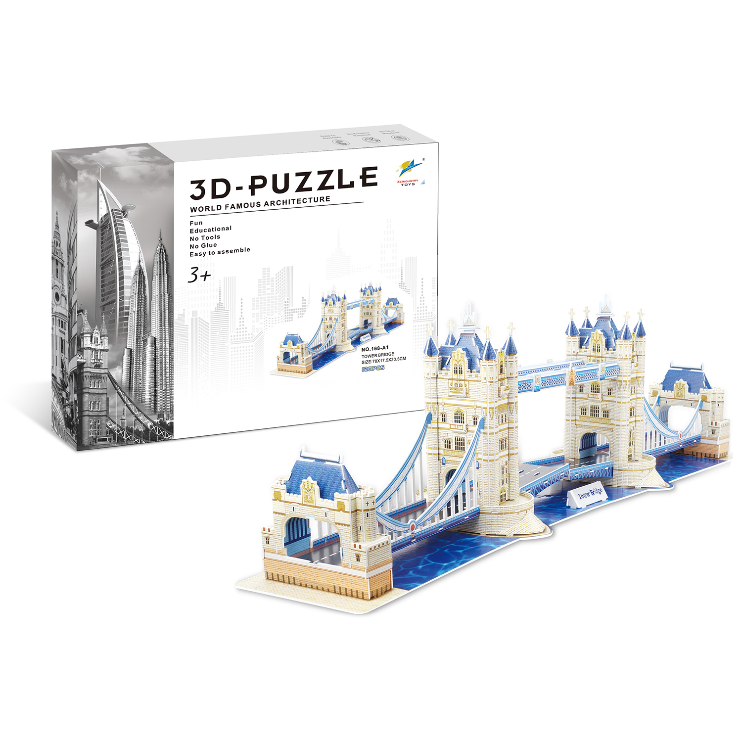 Modello puzzle 3D Tower Bridge e scatola. Blu e bianco.