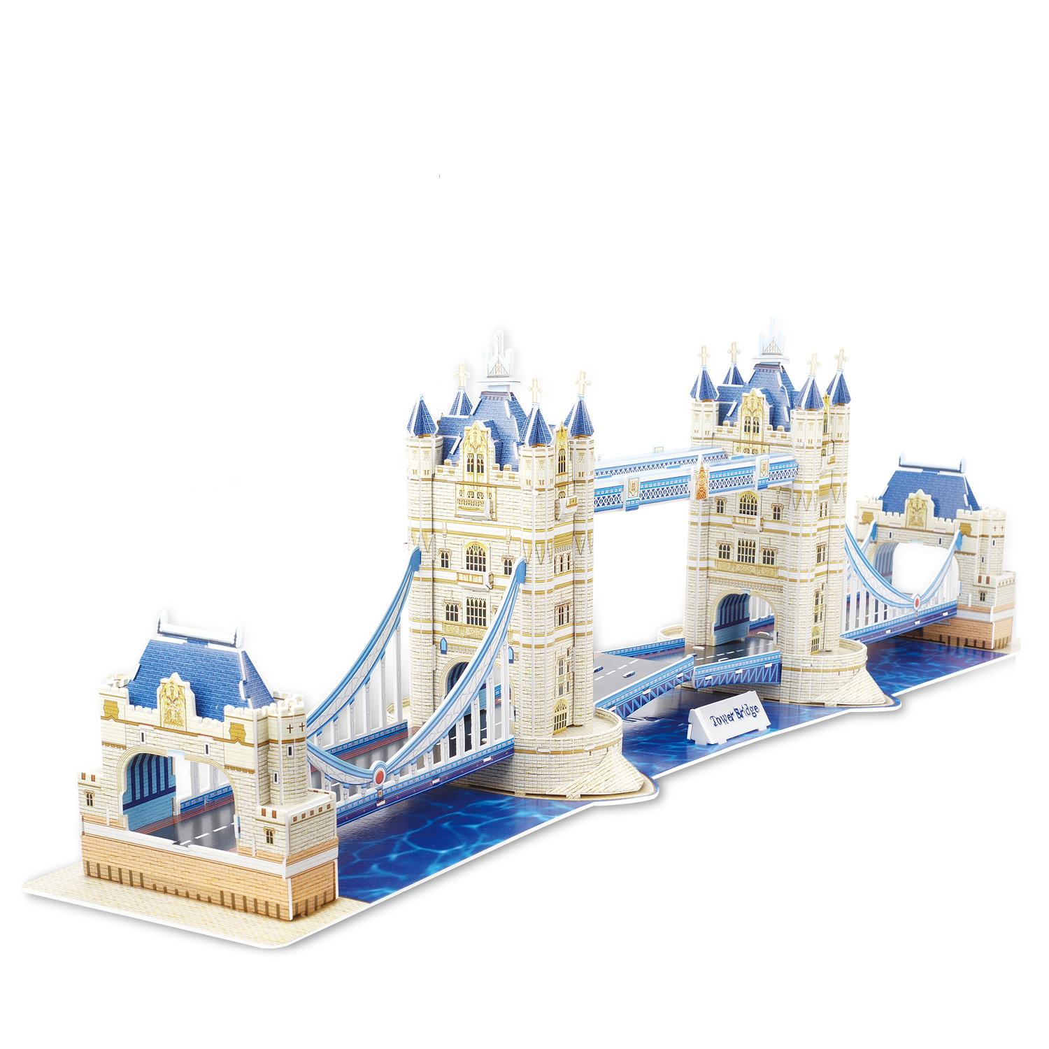 Un modello puzzle 3D del Tower Bridge con acqua blu sottostante e sfondo bianco.