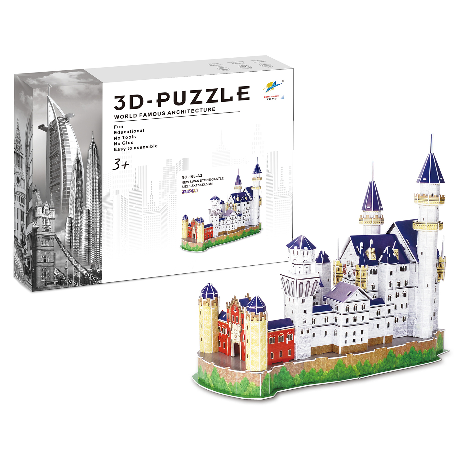 Puzzle 3D di un castello su base verde, accanto a confezione con grattacieli.