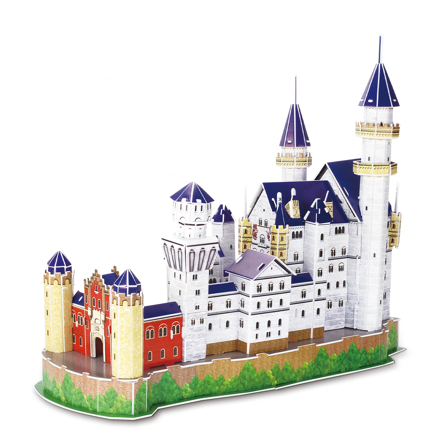 Un dettagliato modello 3D puzzle di un castello con torri bianche, tetti blu e accenti rossi.