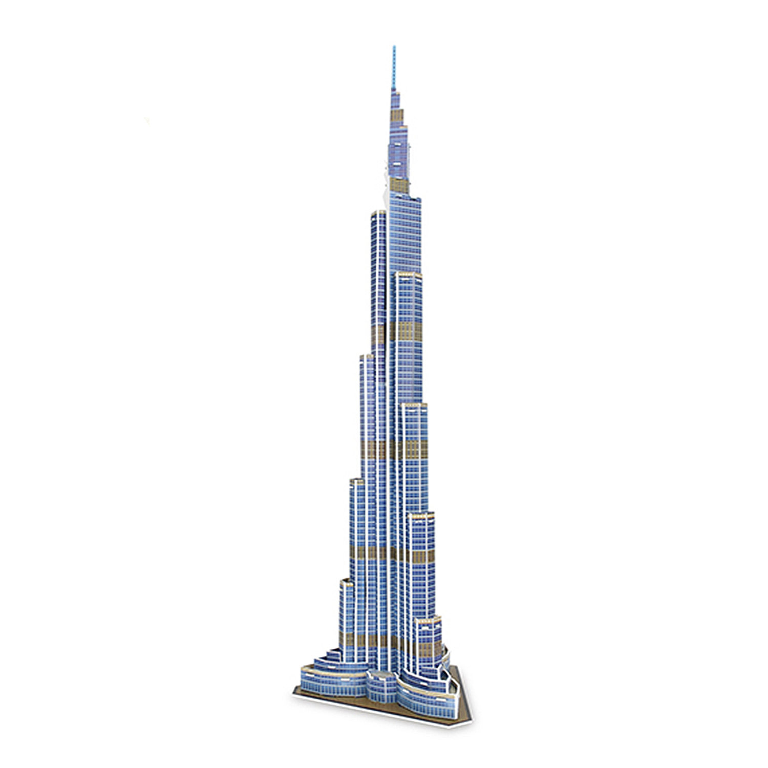 Un modello 3D dettagliato del Burj Khalifa in blu e oro.