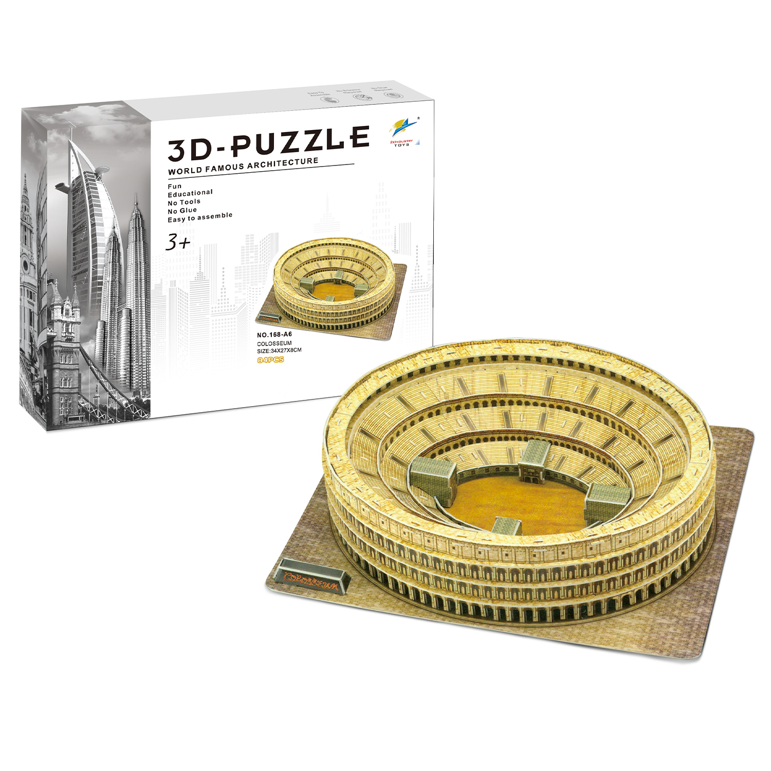 Un puzzle 3D del Colosseo, con la sua scatola che mostra monumenti architettonici.