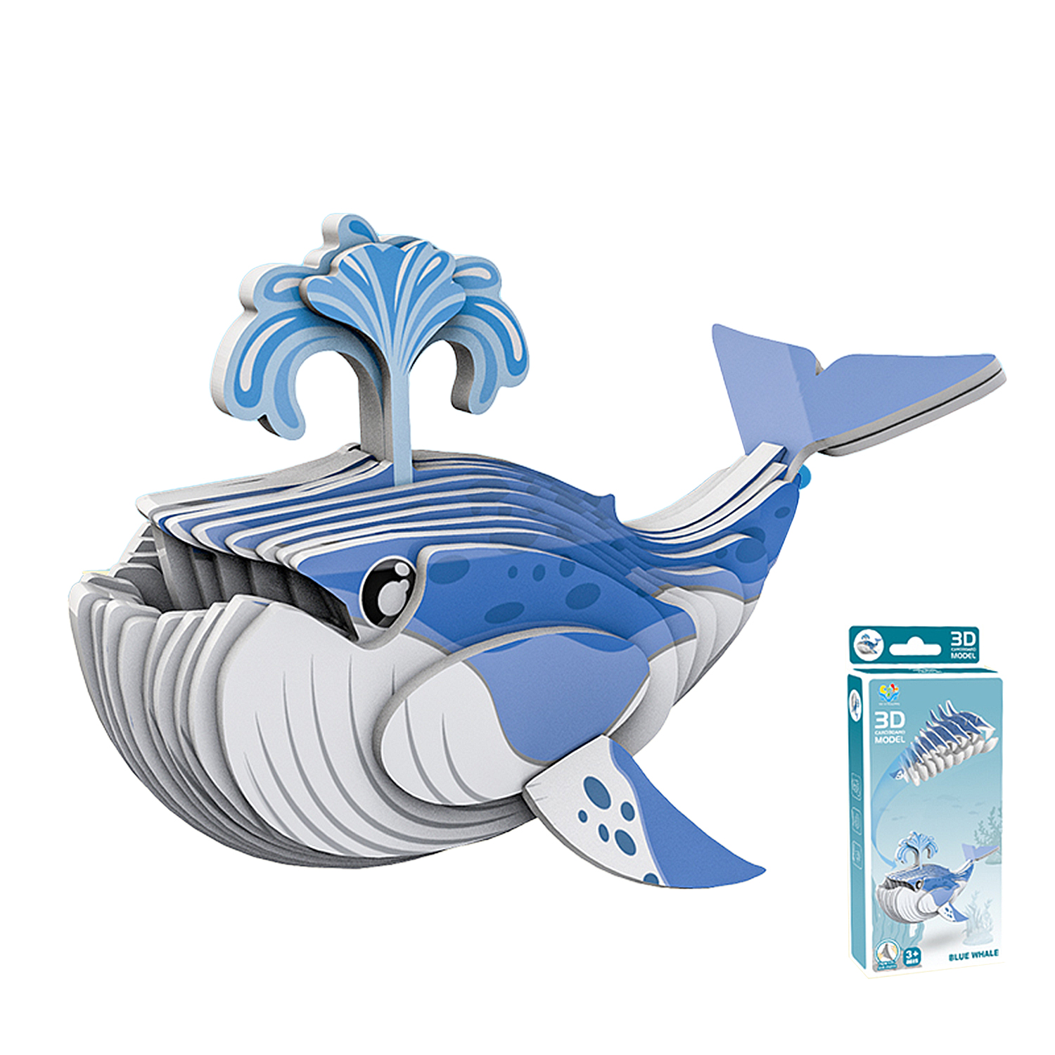 Un kit modello balena 3D blu e bianco con imballaggio.