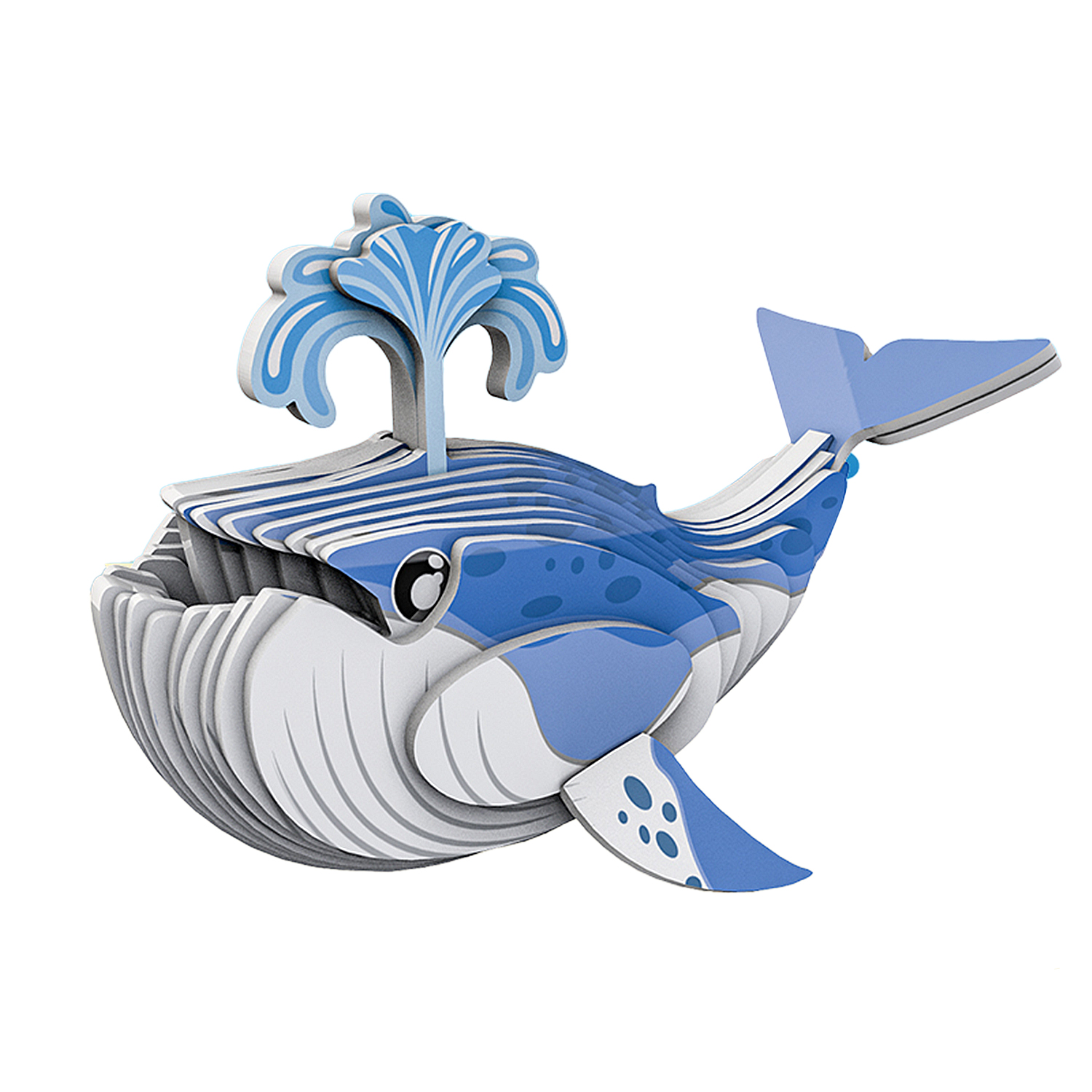 Un modello di puzzle di balena blu e bianca con uno spruzzo d'acqua.