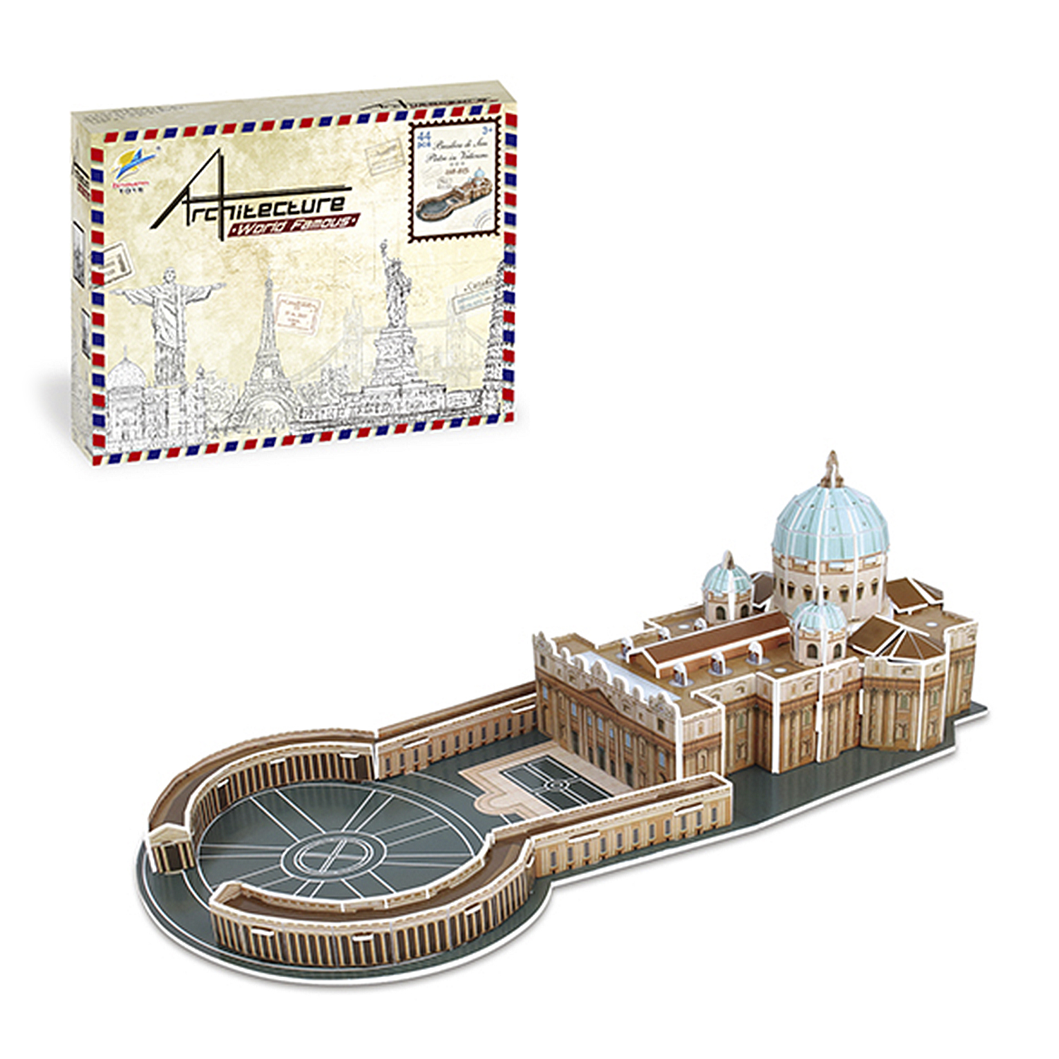 Puzzle 3D della Basilica di San Pietro e la sua scatola con monumenti famosi.