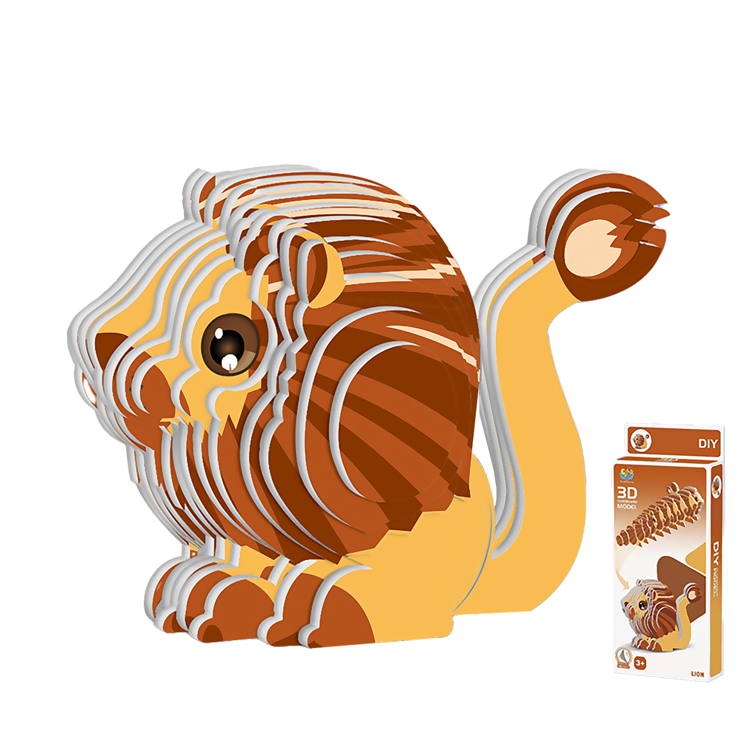 Un colorato kit modello di leone 3D accanto alla sua confezione.