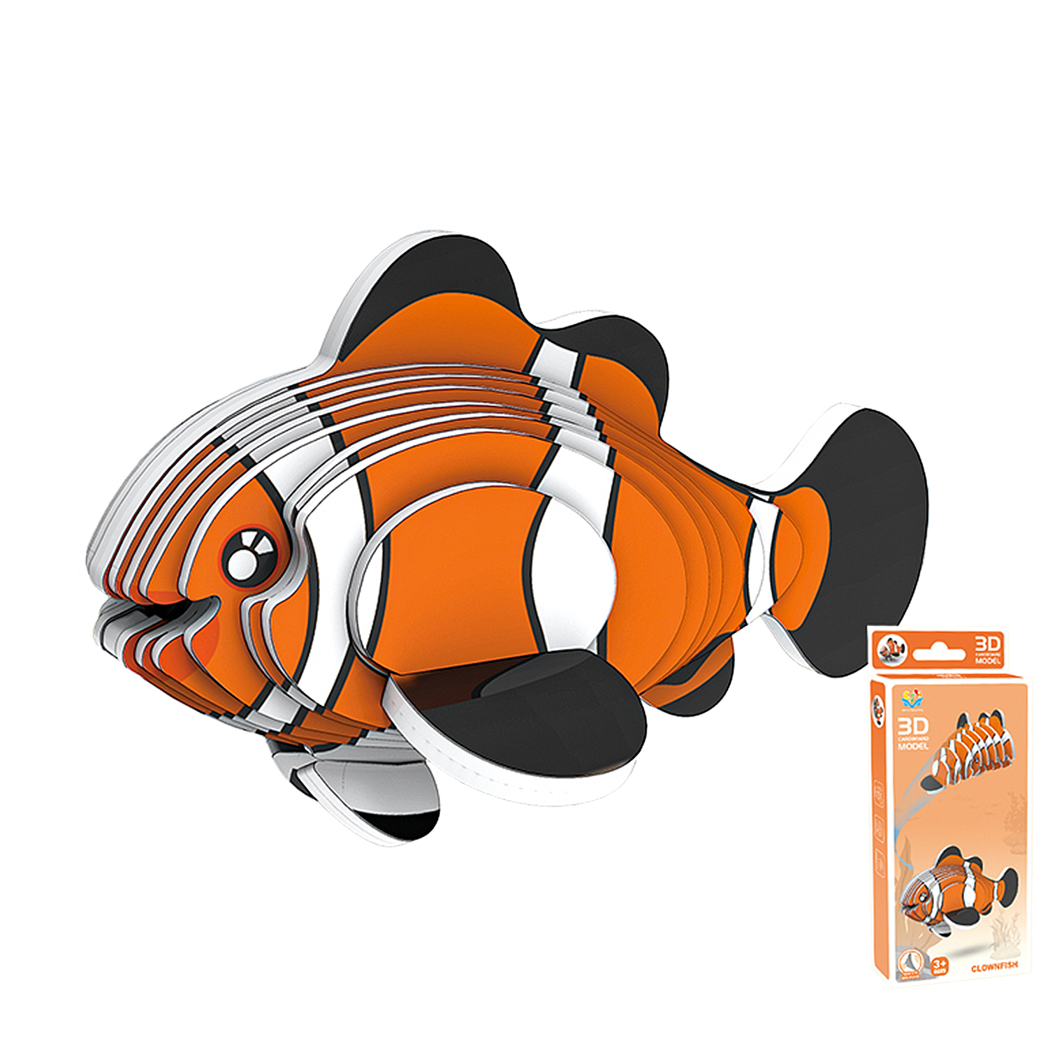 Un modelo 3D en capas de un pez payaso en naranja, blanco y negro.