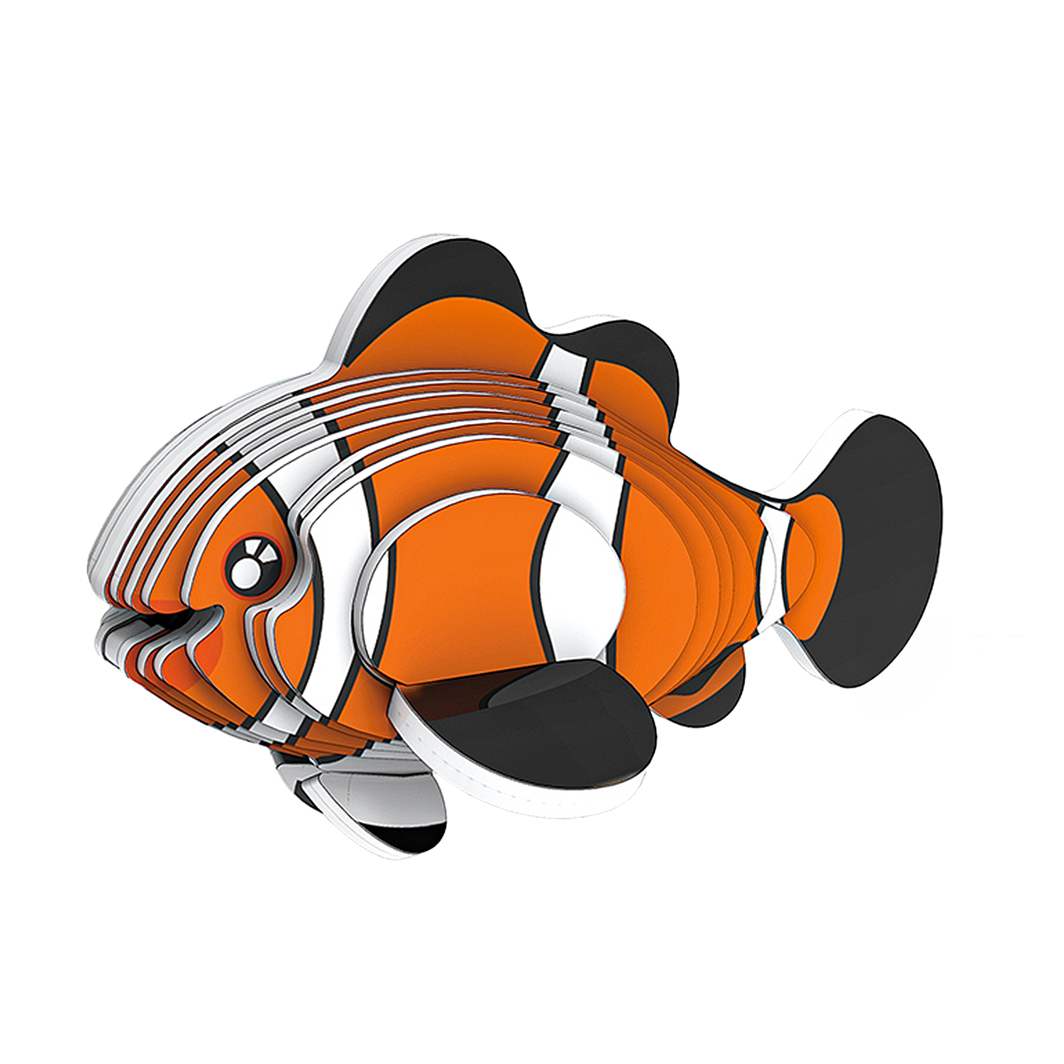 Pez payaso naranja en capas con rayas blancas y negras.