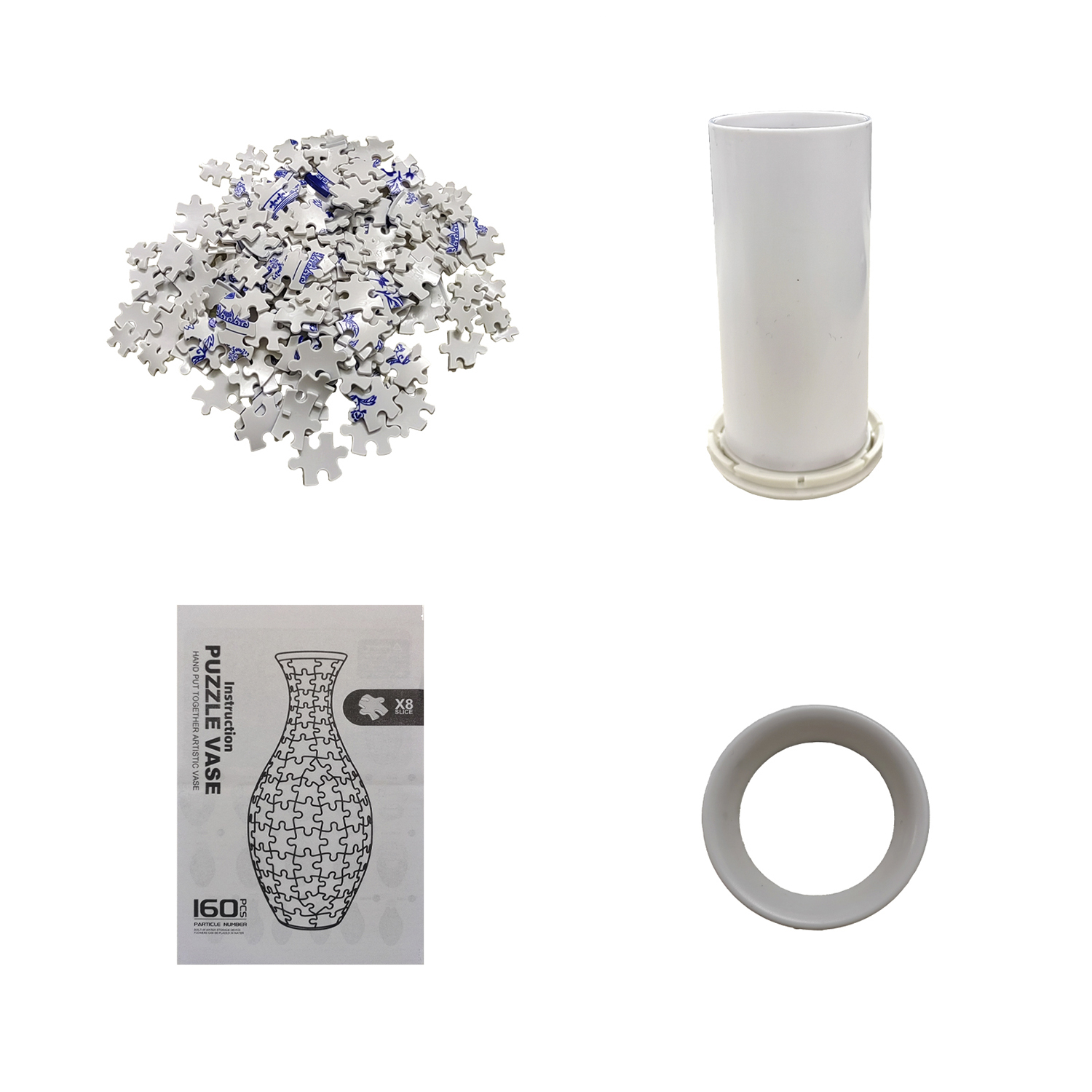 Un mucchio di pezzi di puzzle bianchi con disegni blu, un cilindro bianco, istruzioni e un anello grigio.