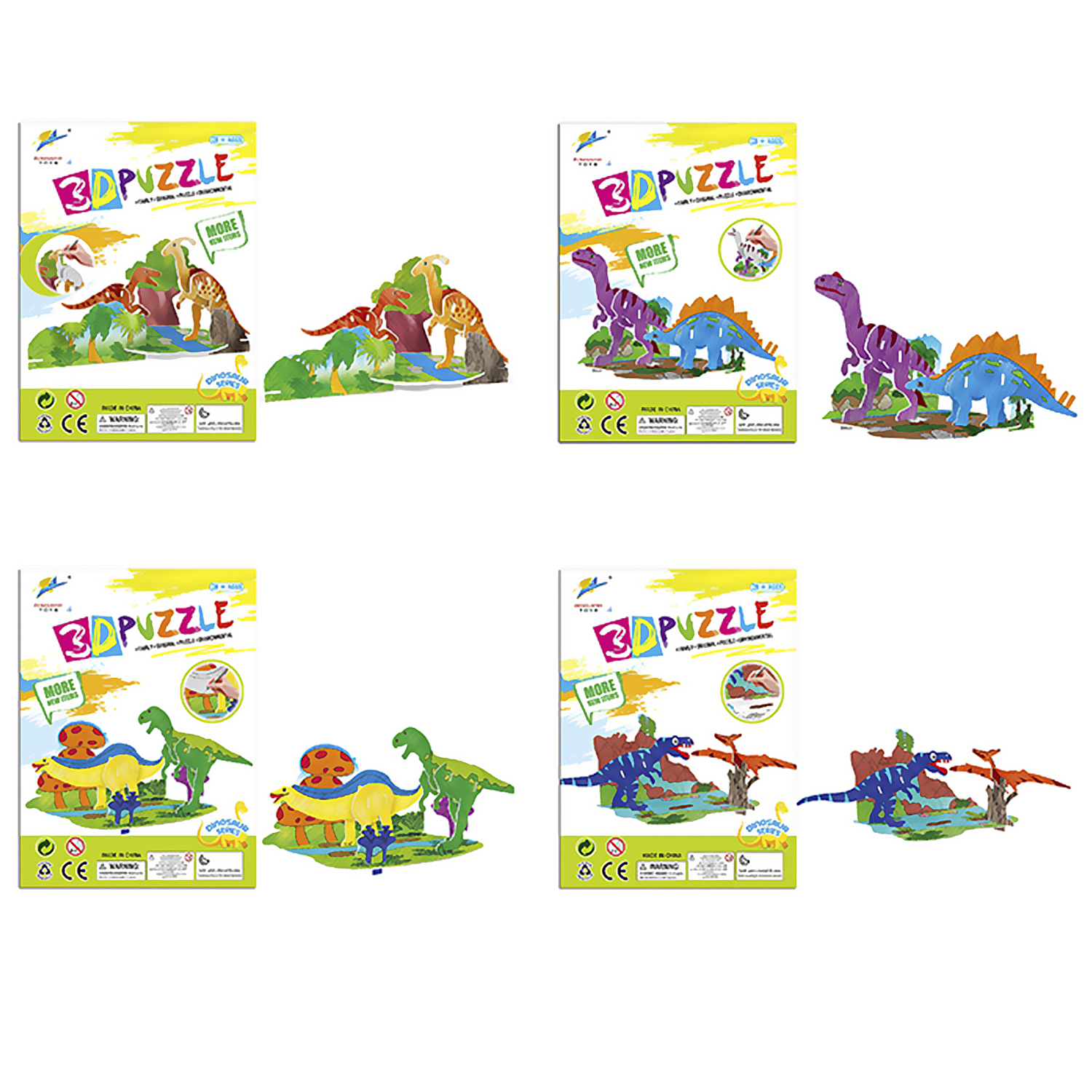 Quattro scatole di puzzle 3D, ognuna mostra una scatola e il modello di dinosauro assemblato.