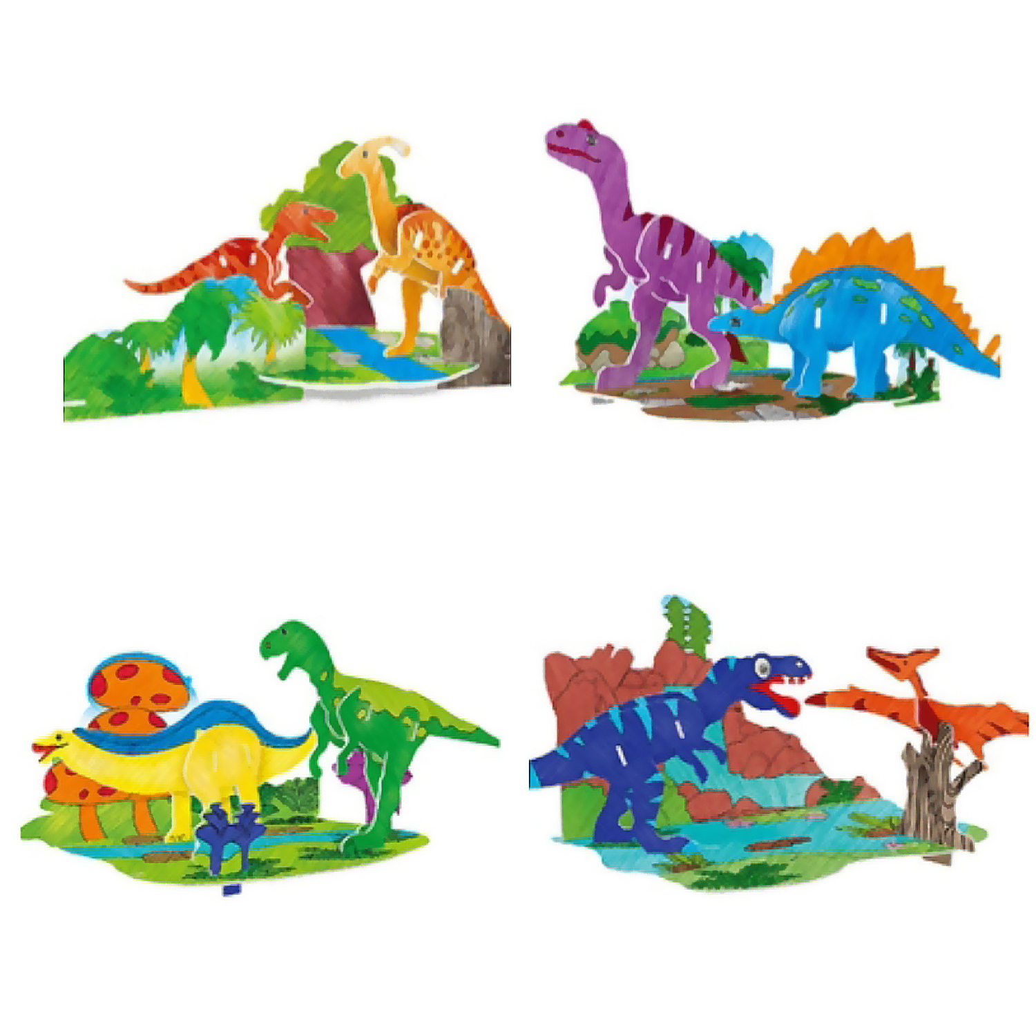 Quattro diorami colorate di dinosauri con paesaggi e acqua dettagliati.