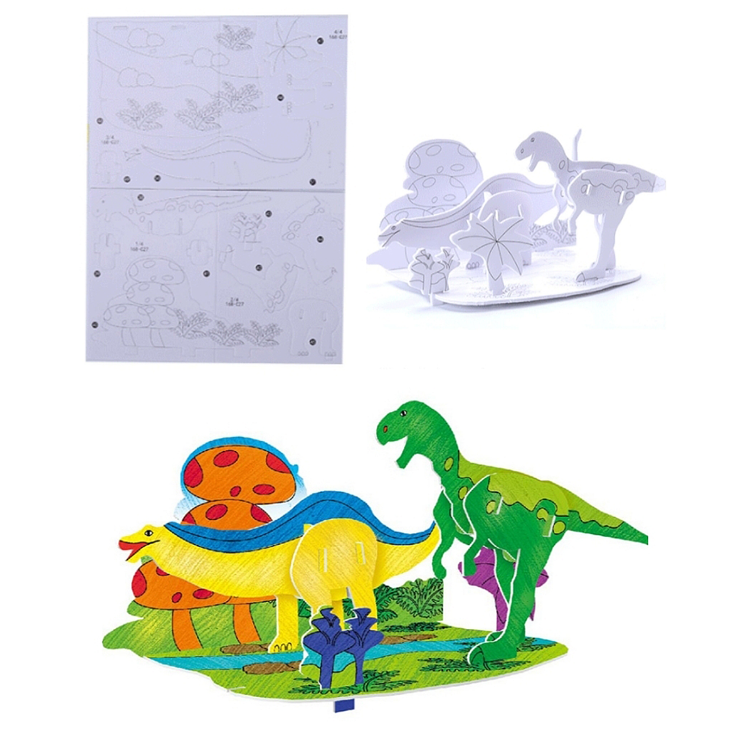 Tre modelli 3D di dinosauri: istruzioni, modello bianco, modello colorato.