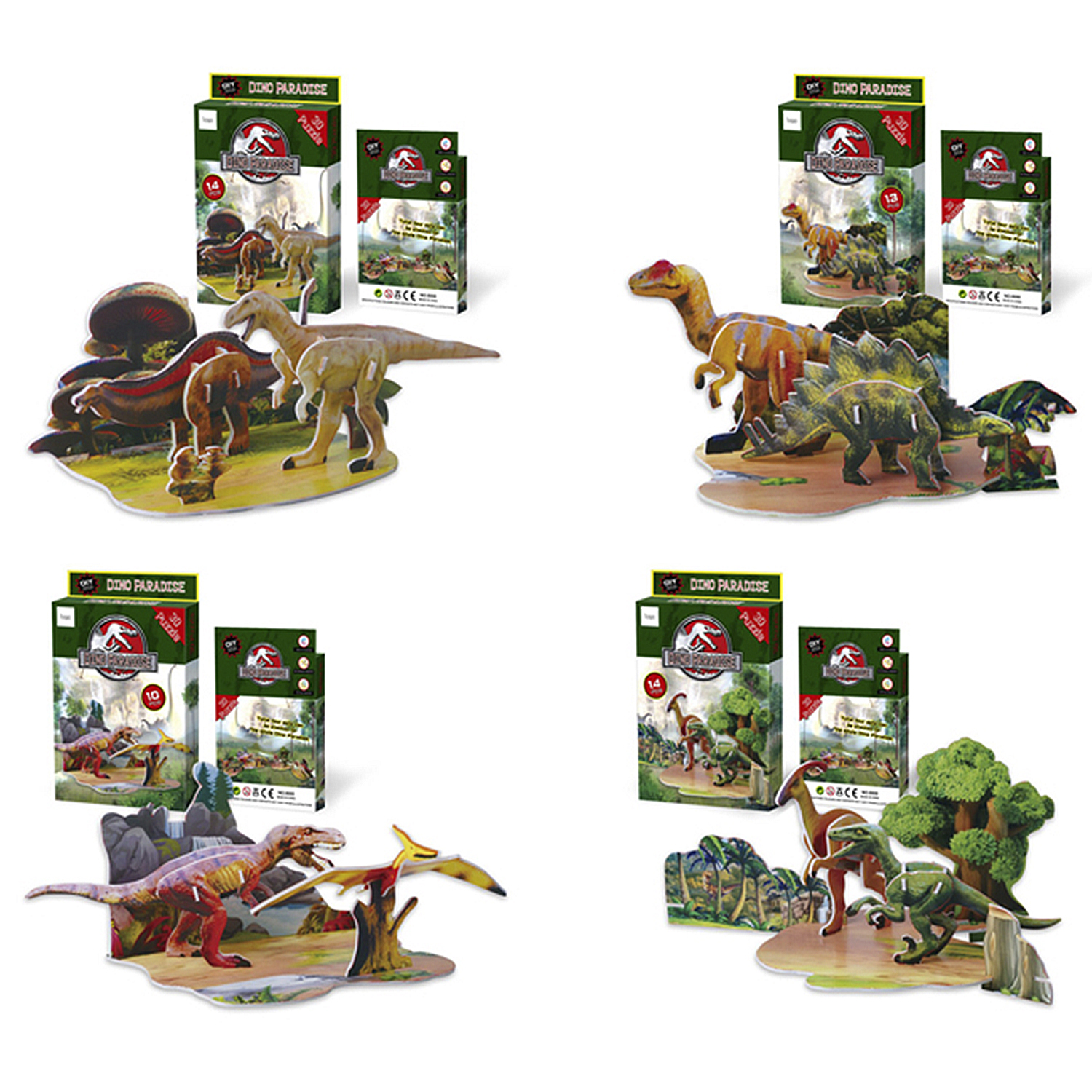 Quattro puzzle 3D di dinosauri con scatole. Ognuno mostra dinosauri su una base scenica.