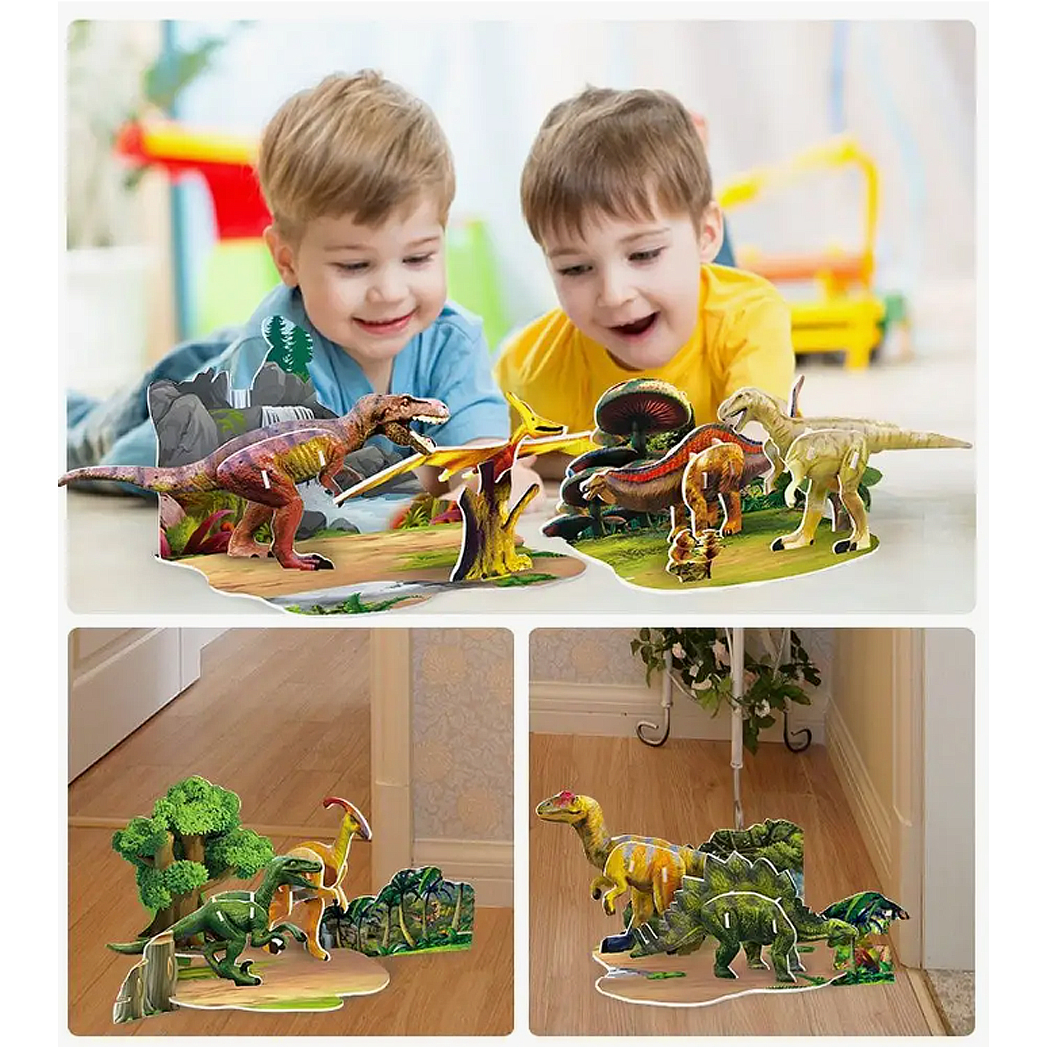 Due bambini giocano con giocattoli di dinosauri, con giocattoli sullo sfondo.