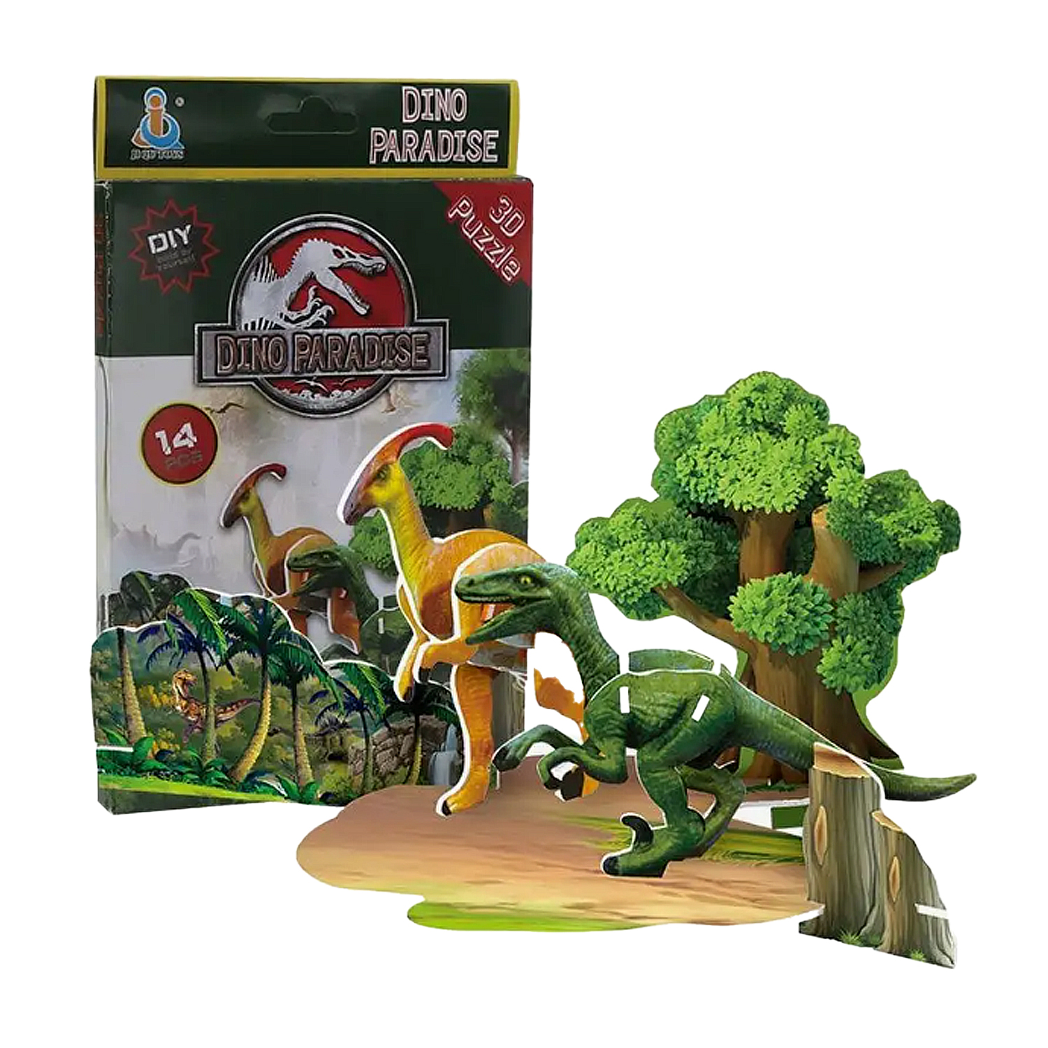 Set puzzle dinosauri con diorama 3D: due dinosauri verdi e uno giallo davanti agli alberi.