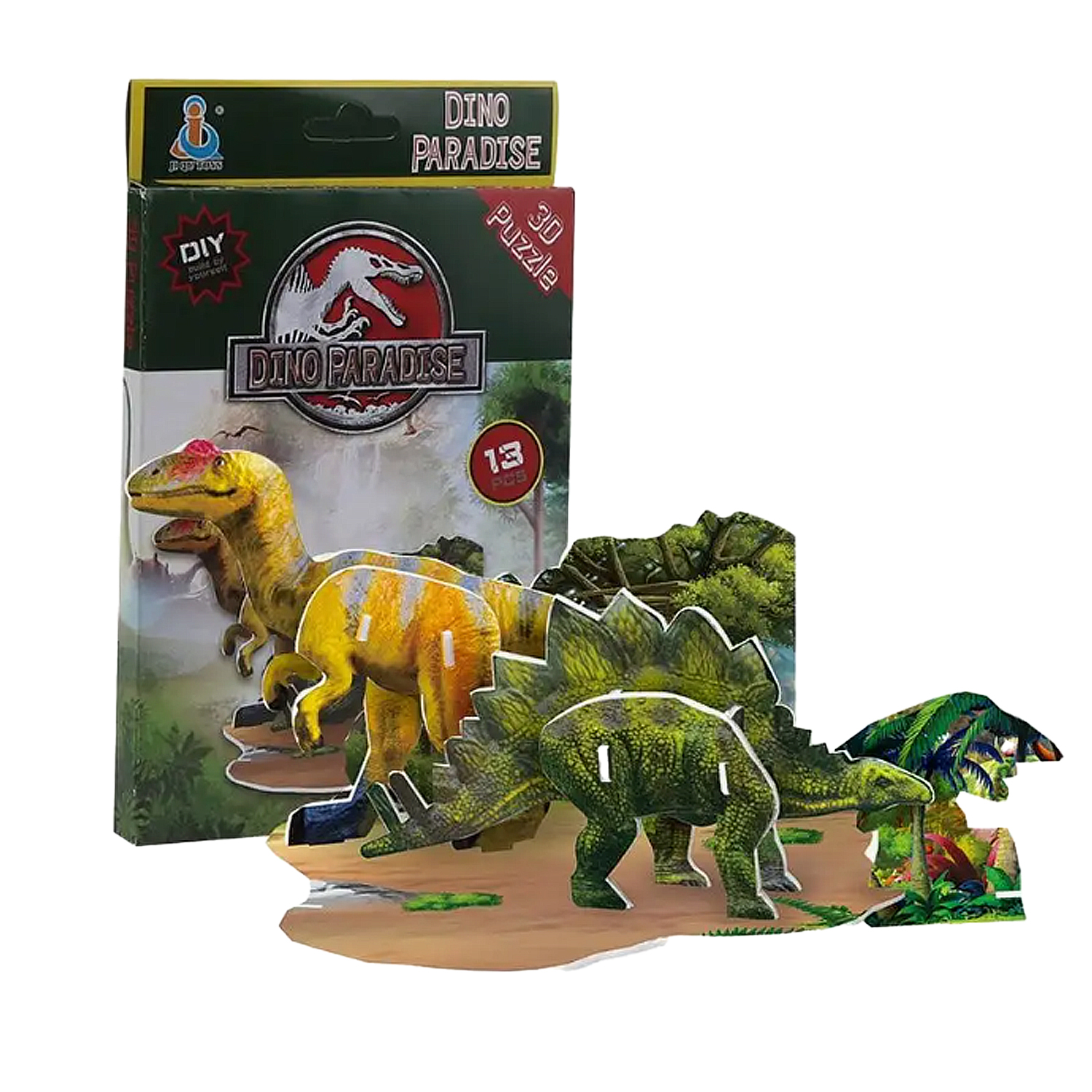 Set puzzle 3D dinosauro con confezione Dino Paradise e modelli dettagliati.