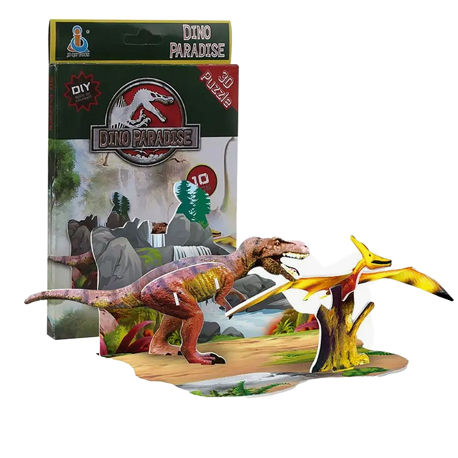 Puzzle 3D di dinosauri con T-Rex e pterosauro davanti a sfondo montuoso e cascata.