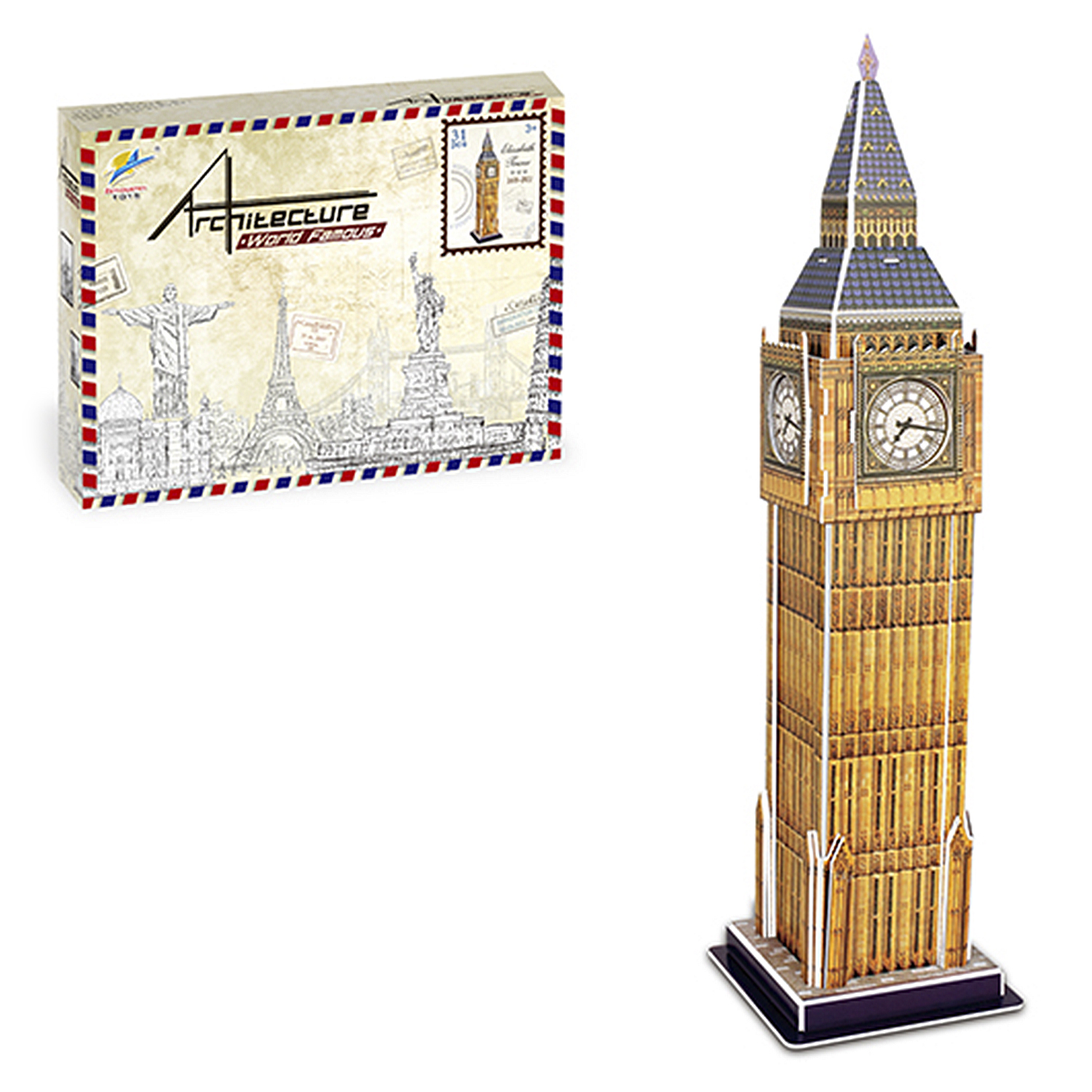 Un modello della torre del Big Ben e la sua scatola con monumenti famosi.