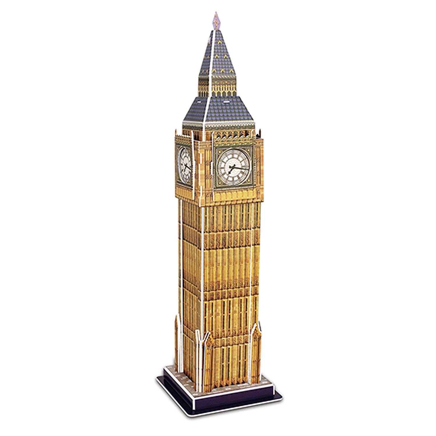 Un modello della torre dell'orologio del Big Ben con pareti dorate e quadranti.