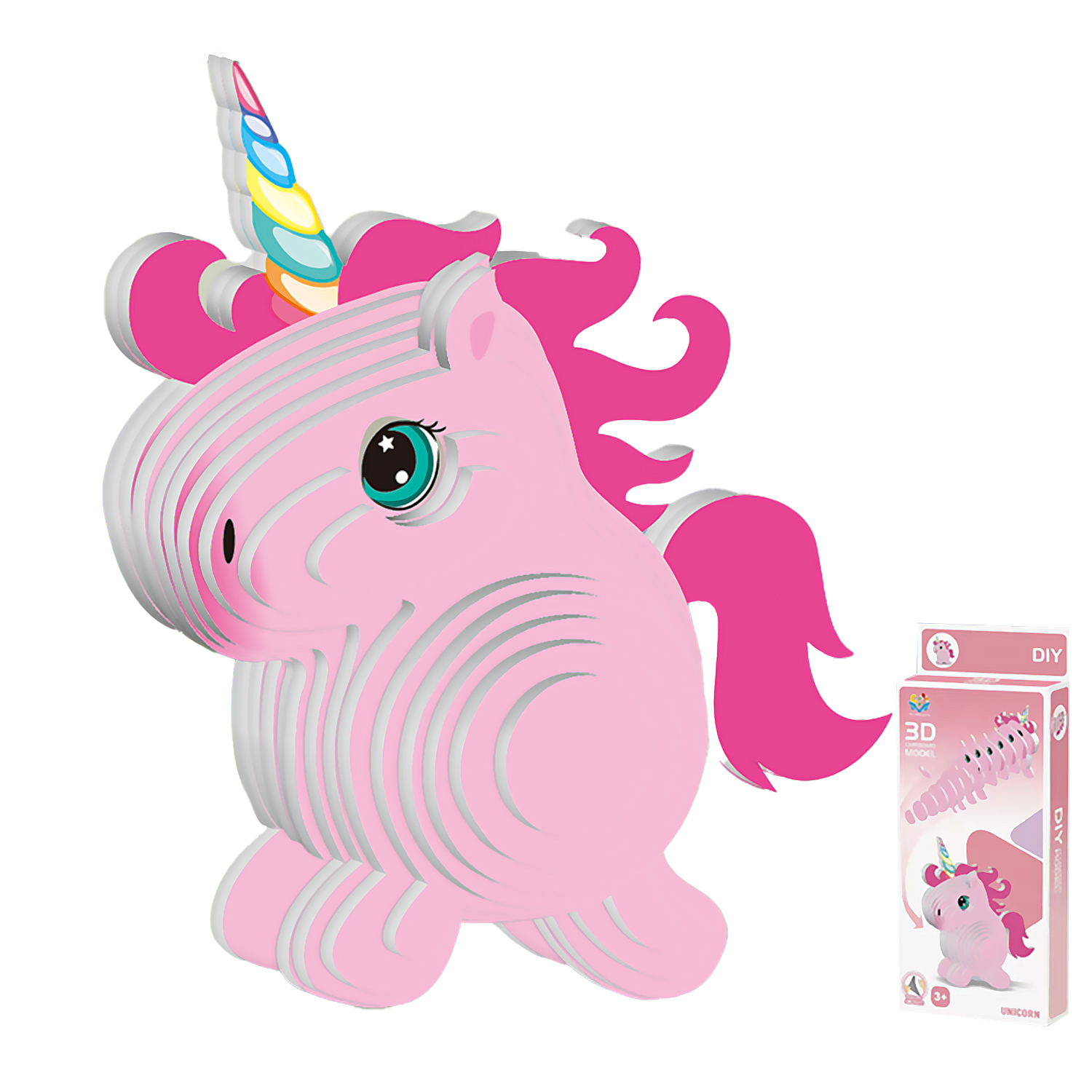 Un modello di unicorno rosa 3D a strati con corno arcobaleno e una scatola dello stesso modello.
