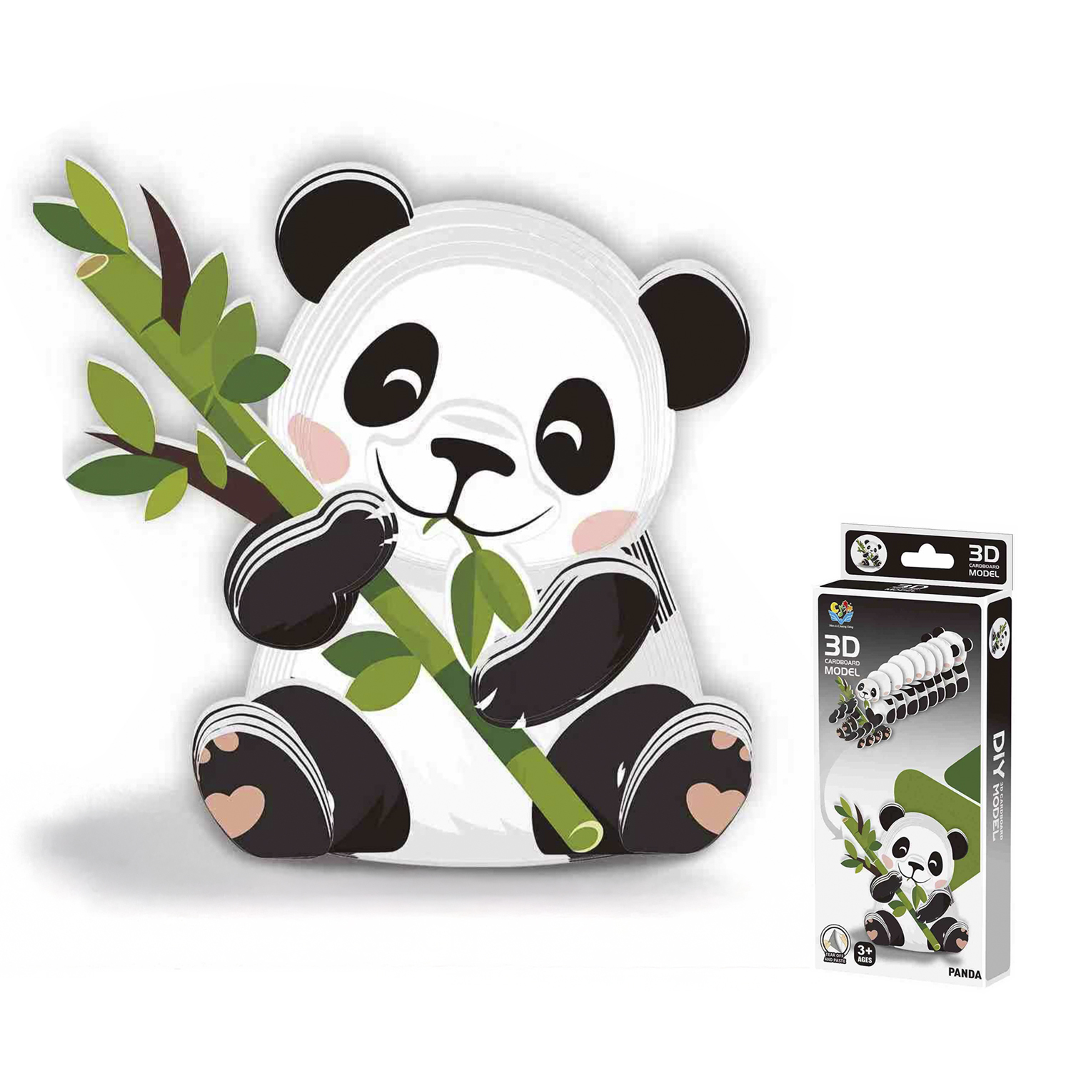 Kit de manualidades de panda con un panda de cartón sosteniendo bambú, junto a su embalaje.