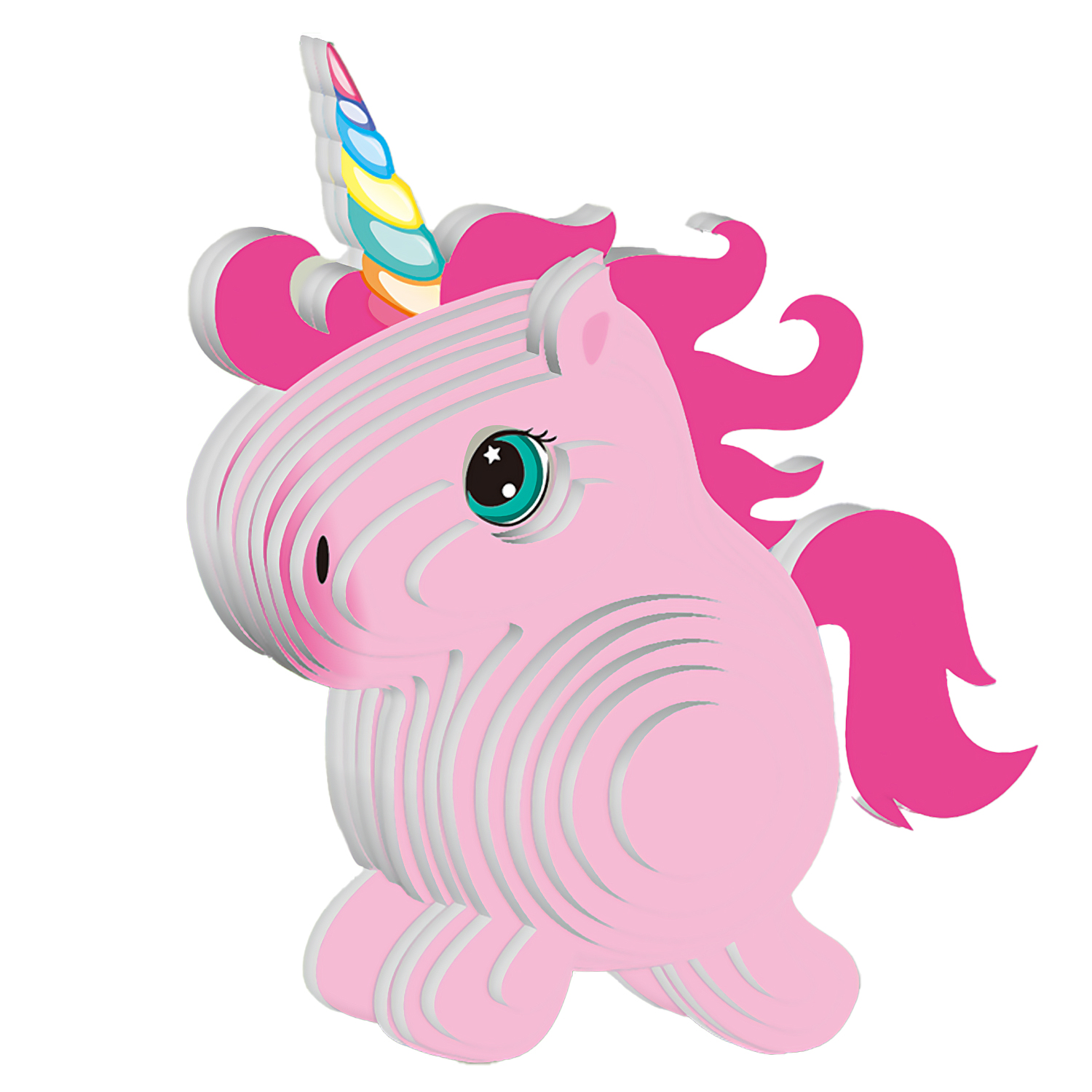 Una figura di unicorno rosa con corno colorato e criniera rosa.