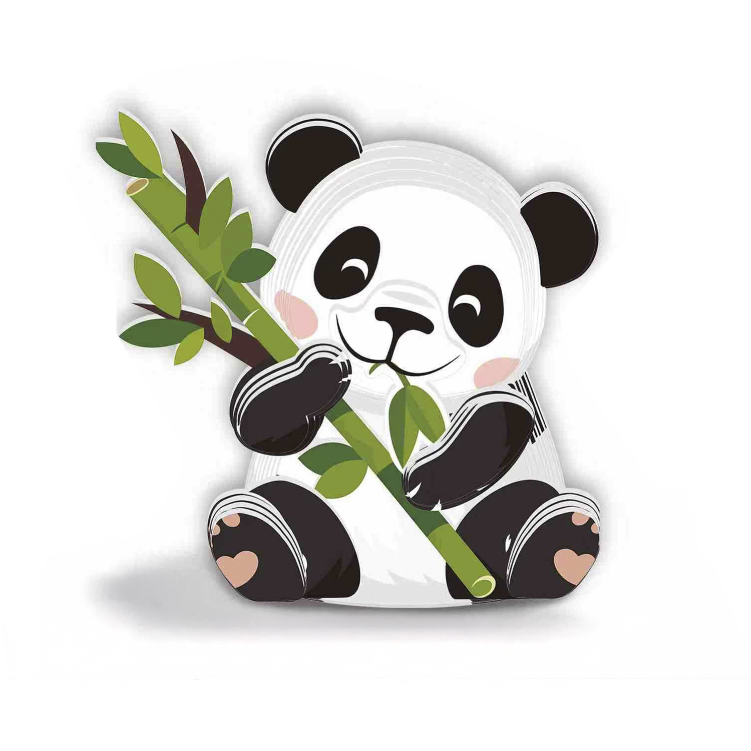 Un panda de dibujos animados sostiene bambú. Está sentado y tiene mejillas rosas.
