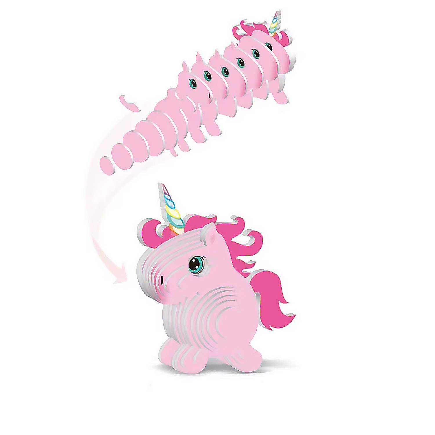 Una serie di forme di unicorno rosa che si allontanano da una singola figura di unicorno.
