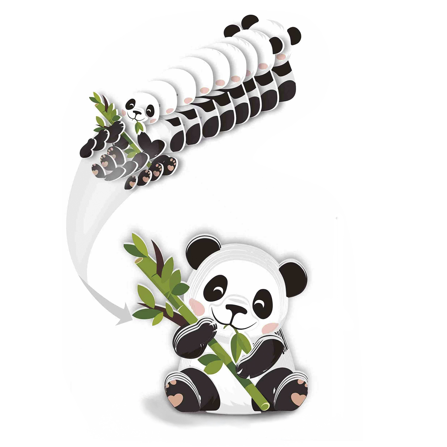 Una serie de pandas alcanzando bambú, con un panda grande en primer plano.