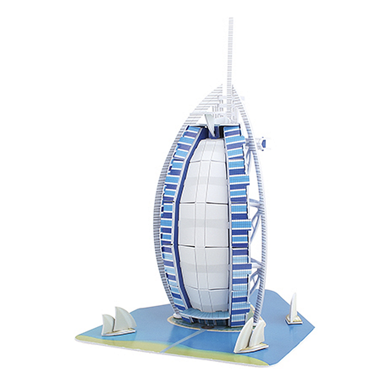 Modello del Burj Al Arab con barche a vela su base blu.