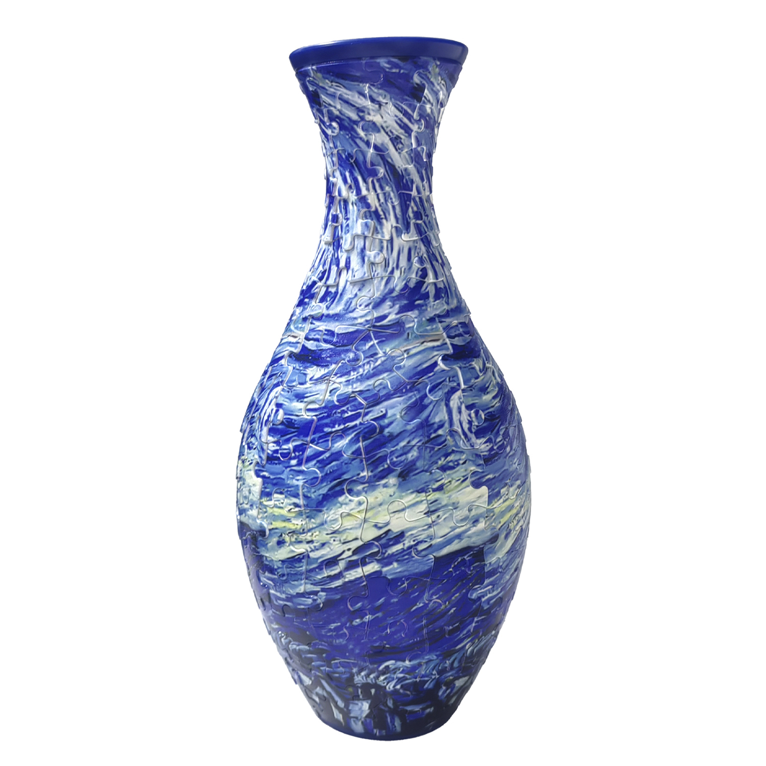 Un vaso blu e bianco con un design vorticoso a pezzi di puzzle.
