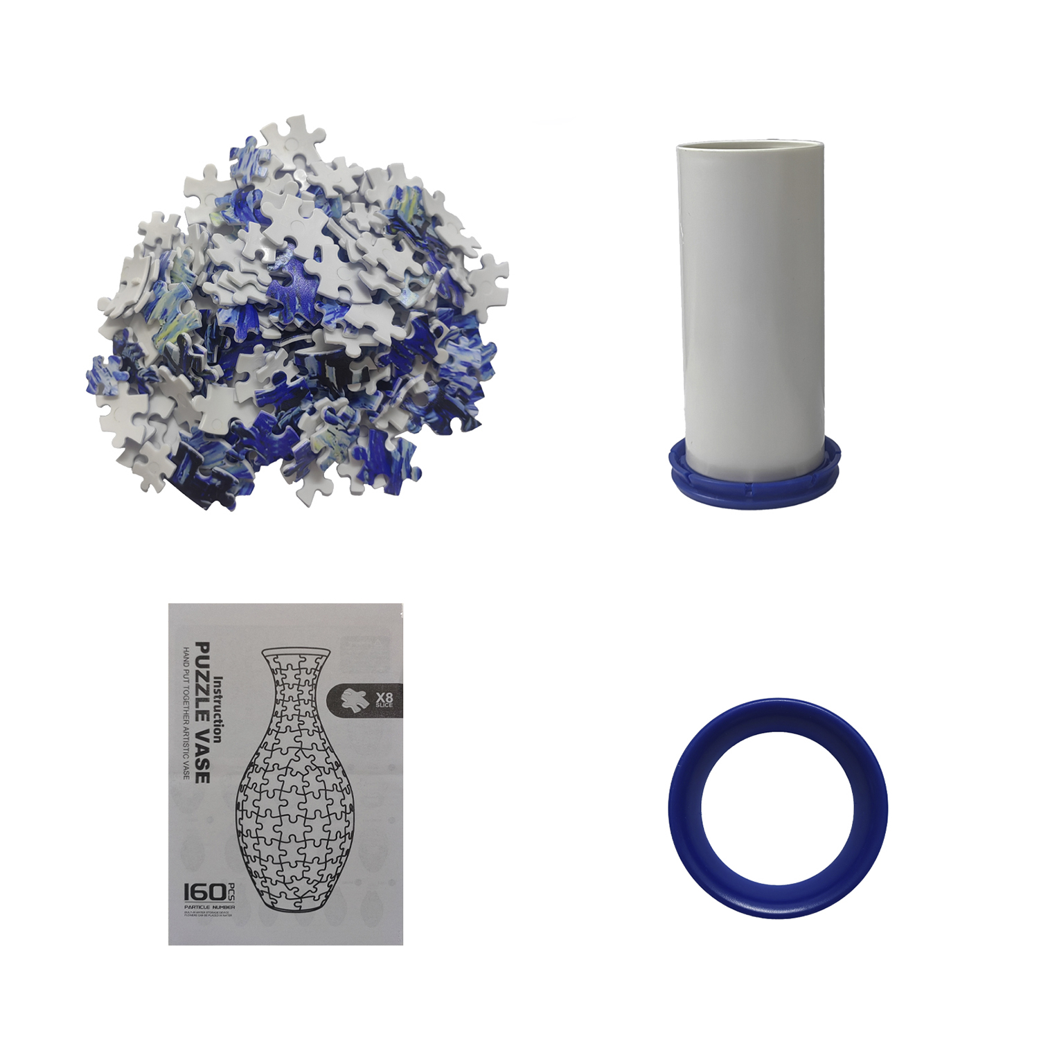 Un mucchio di pezzi di puzzle blu e bianchi, un cilindro bianco su base blu, istruzioni per vaso e un anello blu.