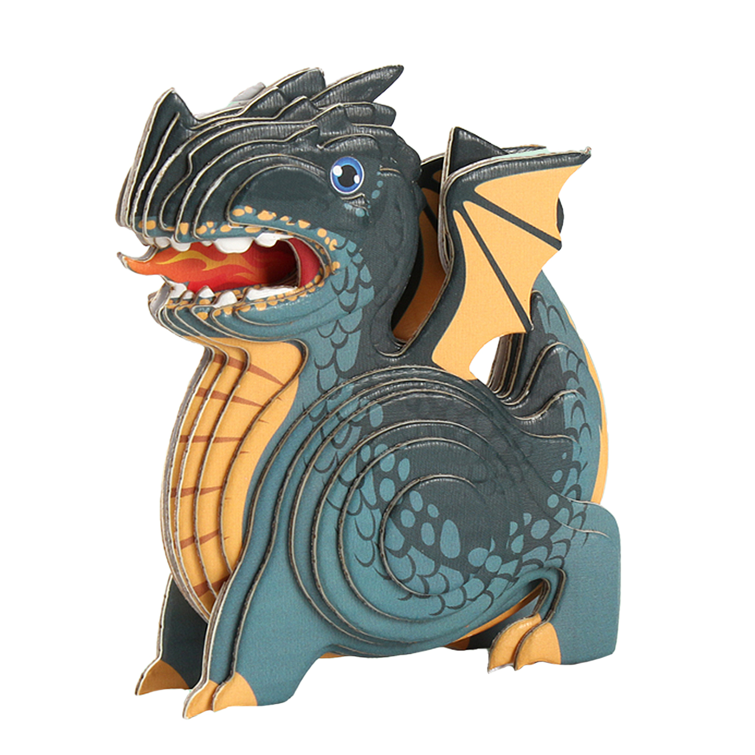 Un drago blu di cartone con fiamme dalla bocca e ali gialle.