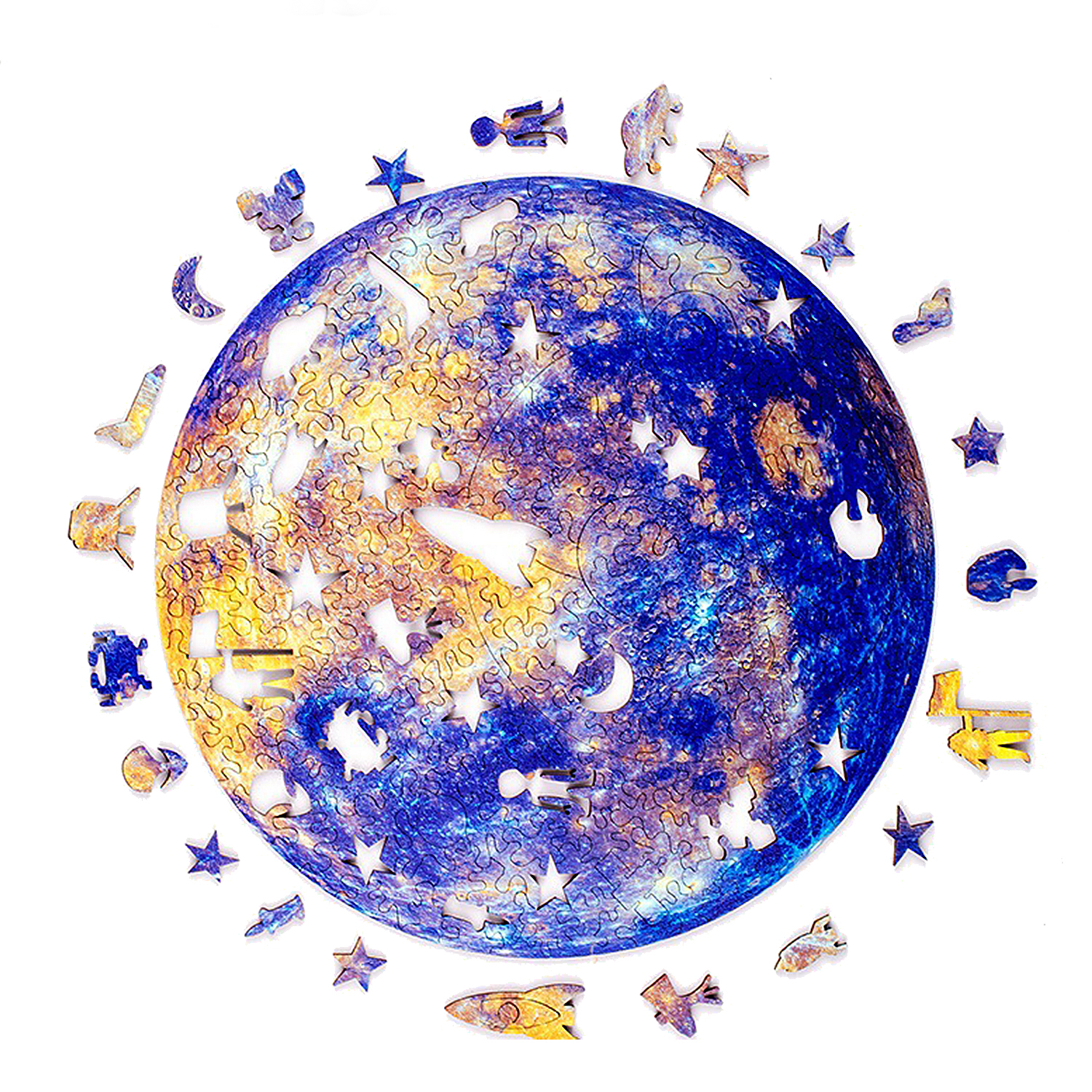 Un puzzle a tema spaziale con una sfera simile alla Terra e piccoli oggetti spaziali.