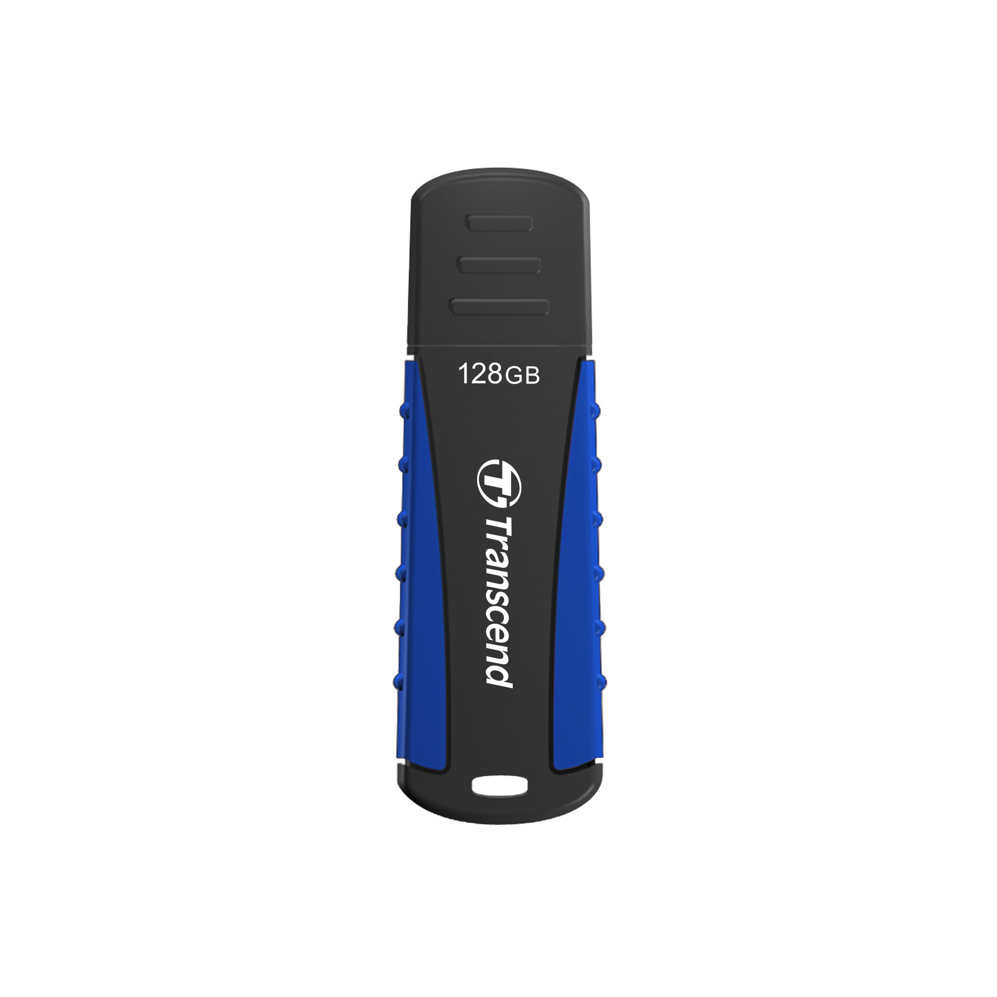 Ein schwarzer und blauer USB-Stick mit 128 GB Speicherplatz und dem Transcend-Logo.