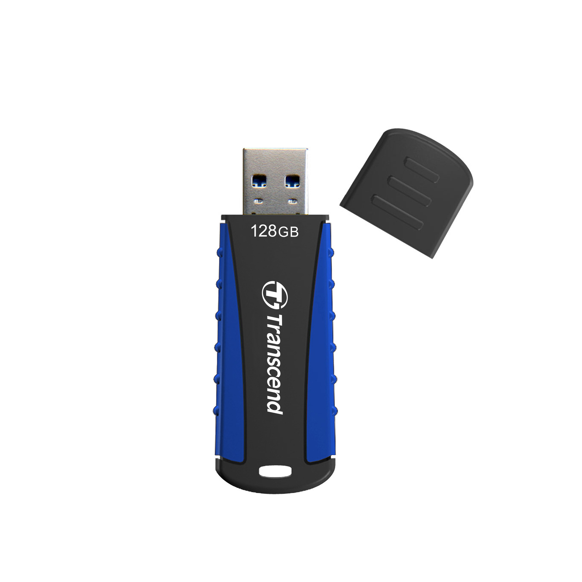 Ein blauer und schwarzer USB-Stick mit 128 GB und geöffnetem Deckel.