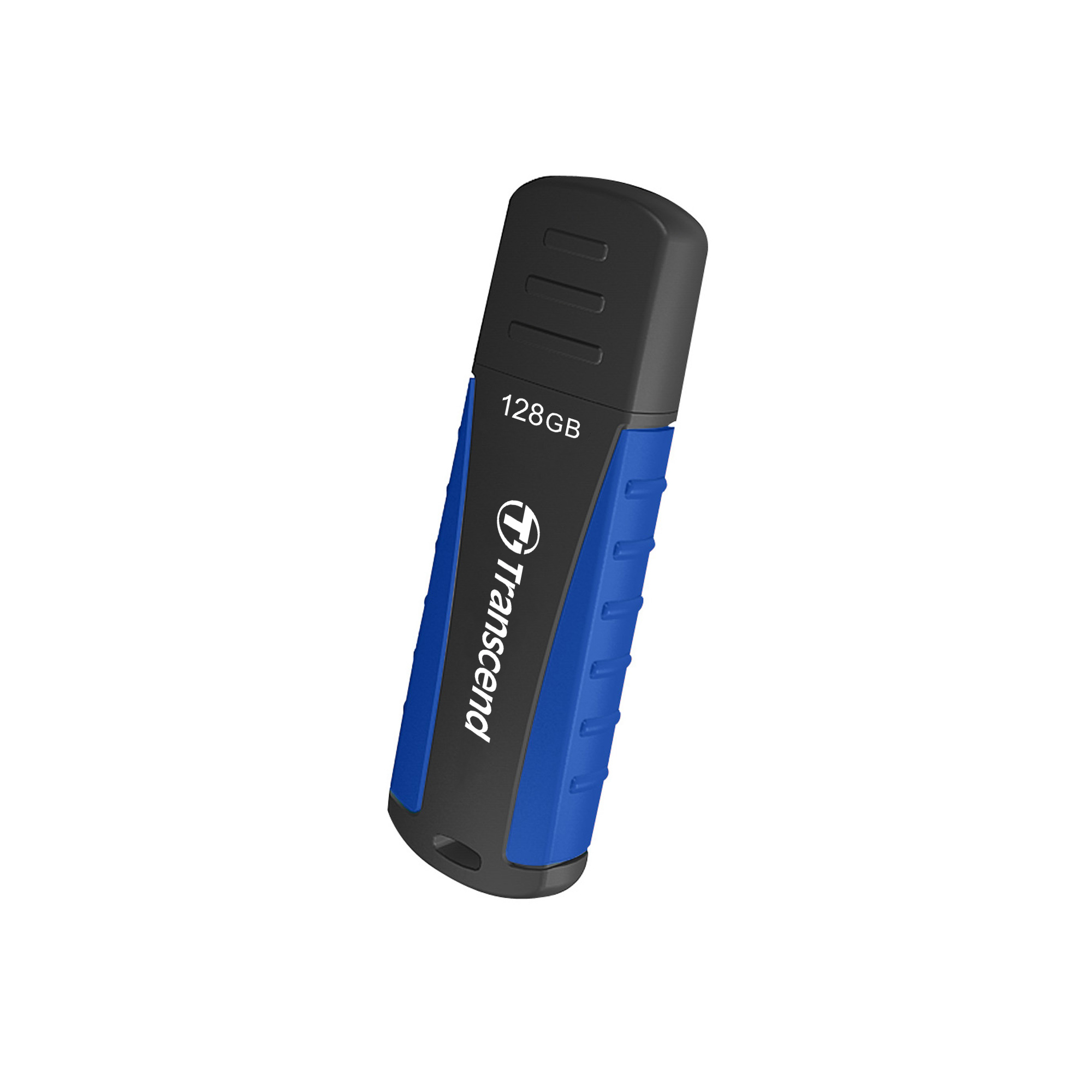 Ein blauer und schwarzer 128GB USB-Stick mit dem Transcend-Logo.