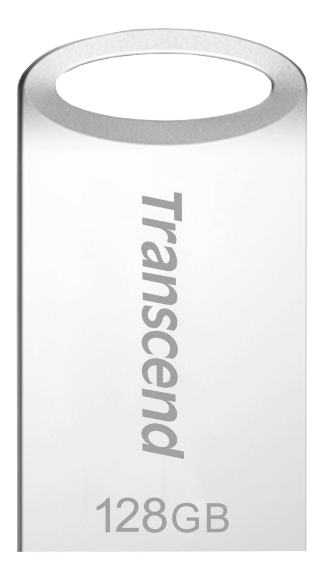 Srebrny pendrive 128 GB z napisem "Transcend".