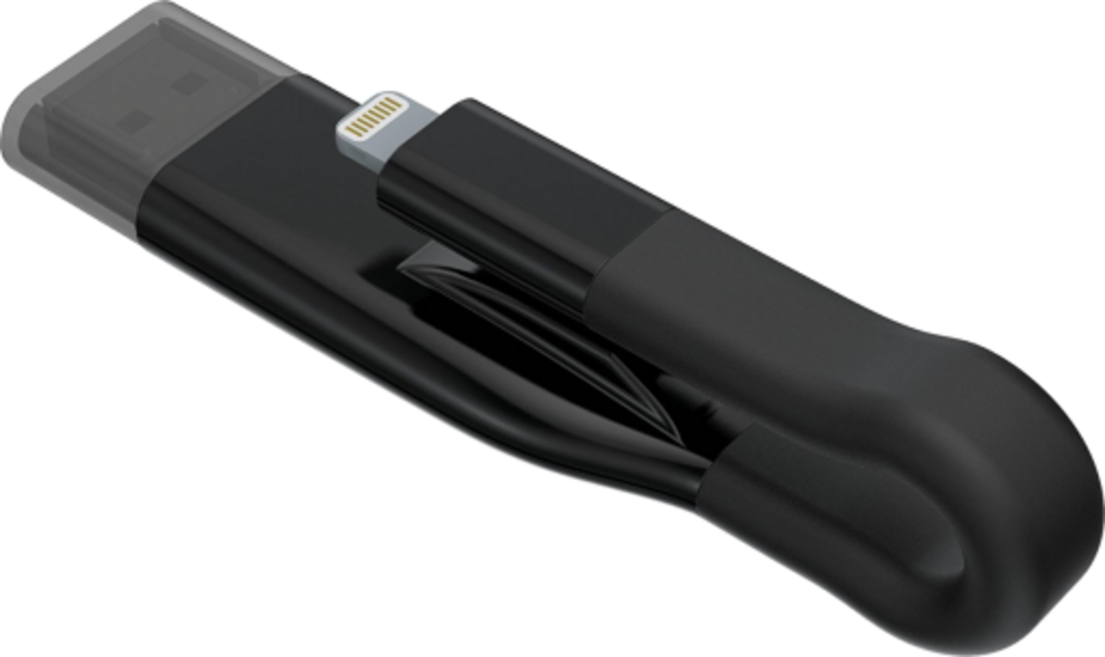 Unità USB nera con connettore Lightning e cappuccio protettivo traslucido.