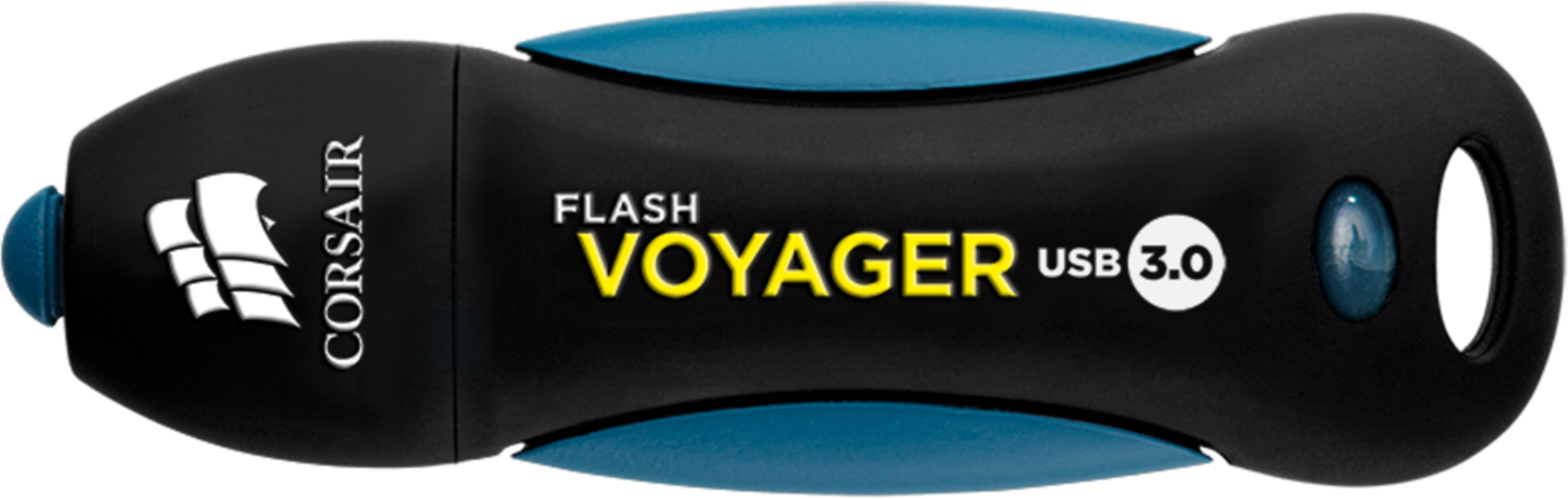 Czarny pendrive Corsair Voyager USB 3.0 z niebieskimi akcentami i logo.