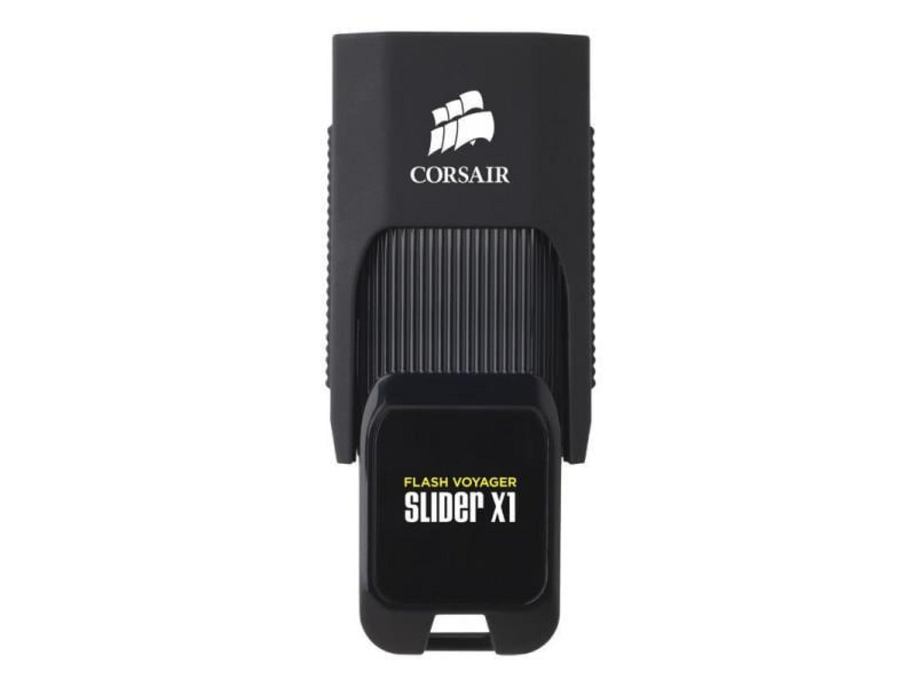 Zwarte Corsair Flash Voyager Slider X1 USB-stick met logo en ribbels.