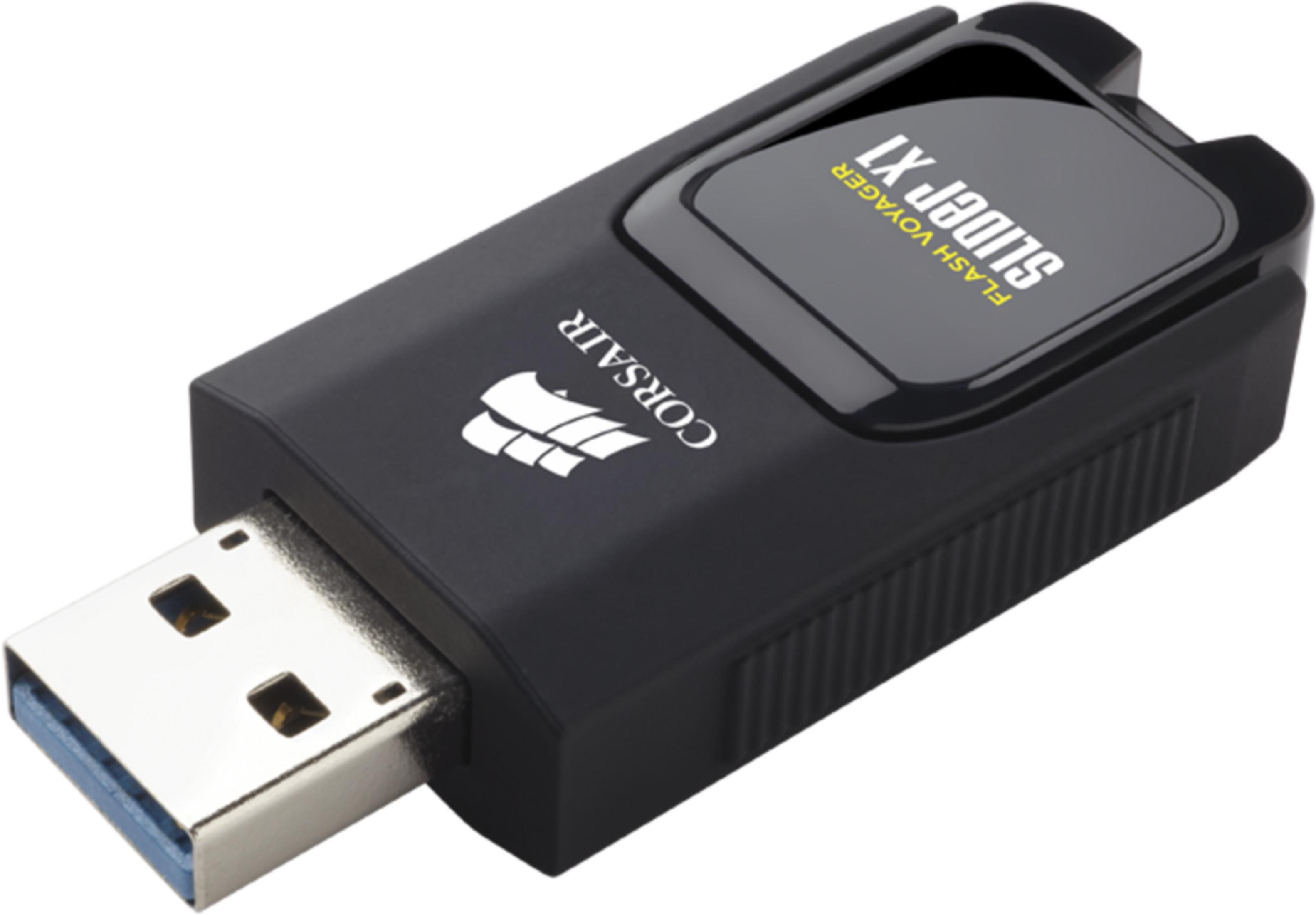 Schwarzer USB-Stick mit silbernem Anschluss und Corsair-Logo.