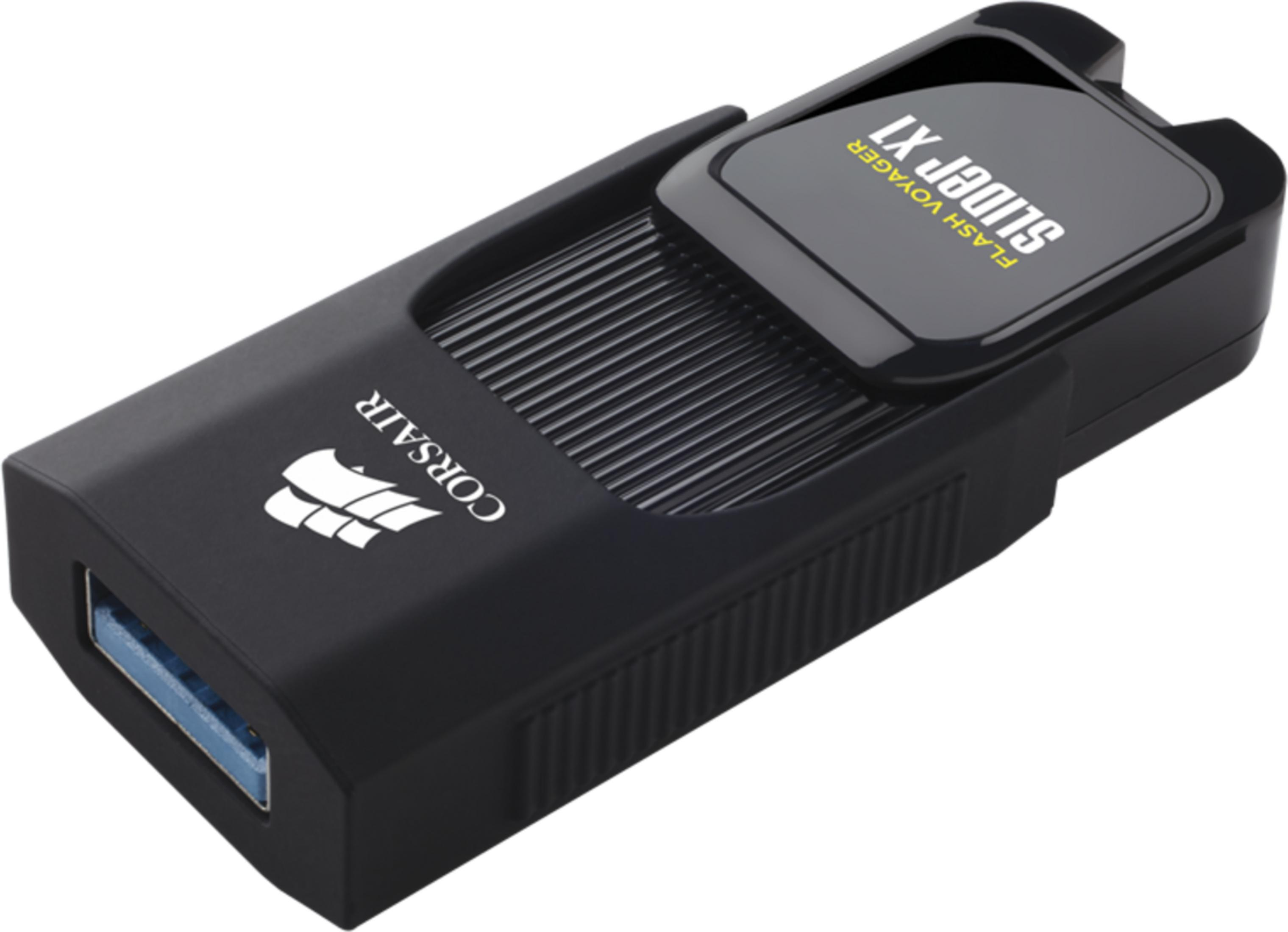 Schwarzer Corsair USB-Stick mit silbernem Logo und blauem USB-3.0-Anschluss.